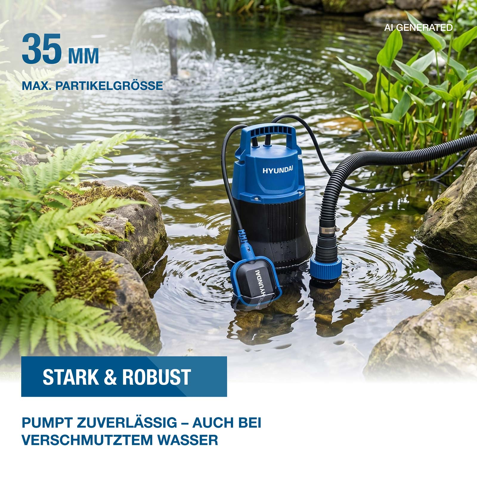 Blaue Hyundai-Tauchpumpe in einem von Steinen und Pflanzen umgebenen Gartenteich.