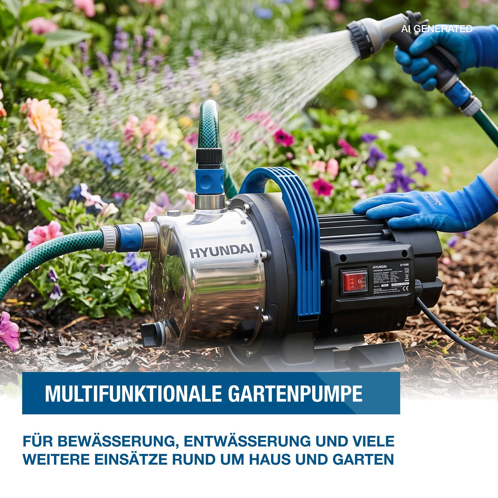 Eine Hyundai-Gartenpumpe steht im Garten, während jemand Blumen mit einem Gartenschlauch gießt.