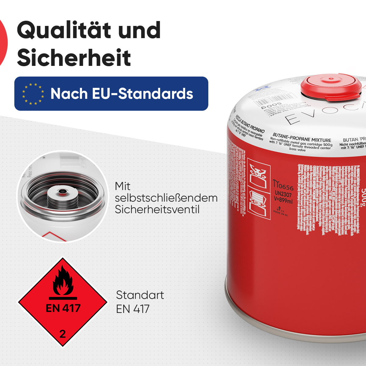 Propangasflasche mit Sicherheitsventil, EU-Standard, EN 417 zertifiziert.