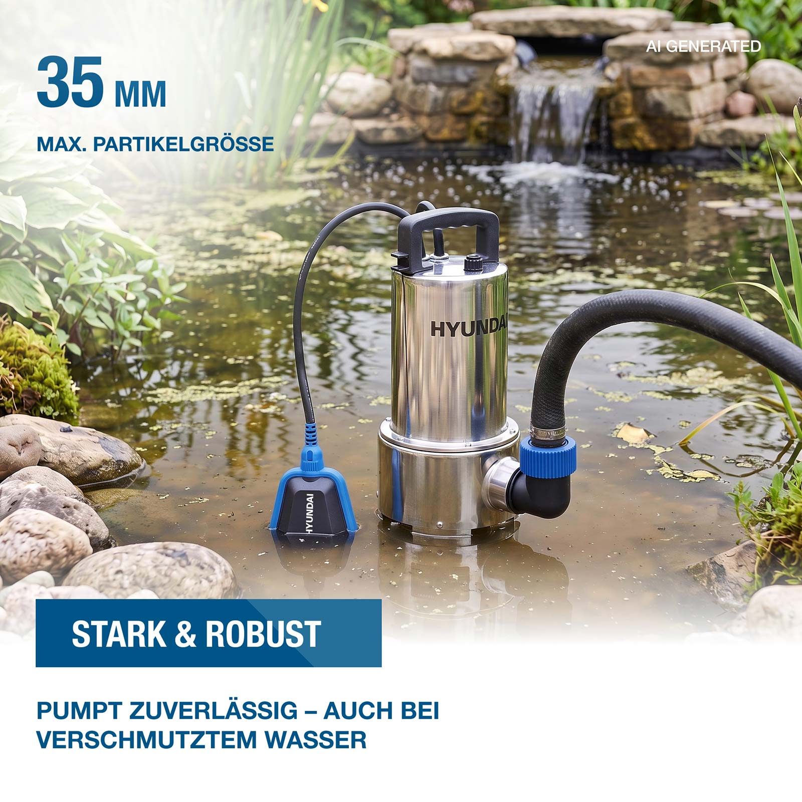 Edelstahl-Tauchpumpe in einem Gartenteich mit Text und Symbolen.