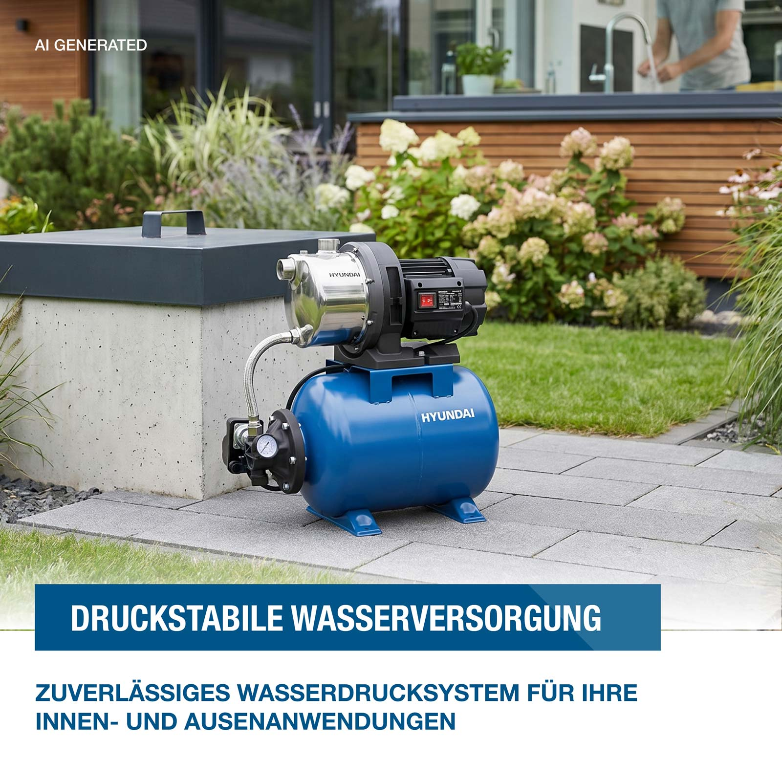 Eine blaue Hyundai-Hauswasserpumpe steht auf grauen Steinplatten vor einem Garten.