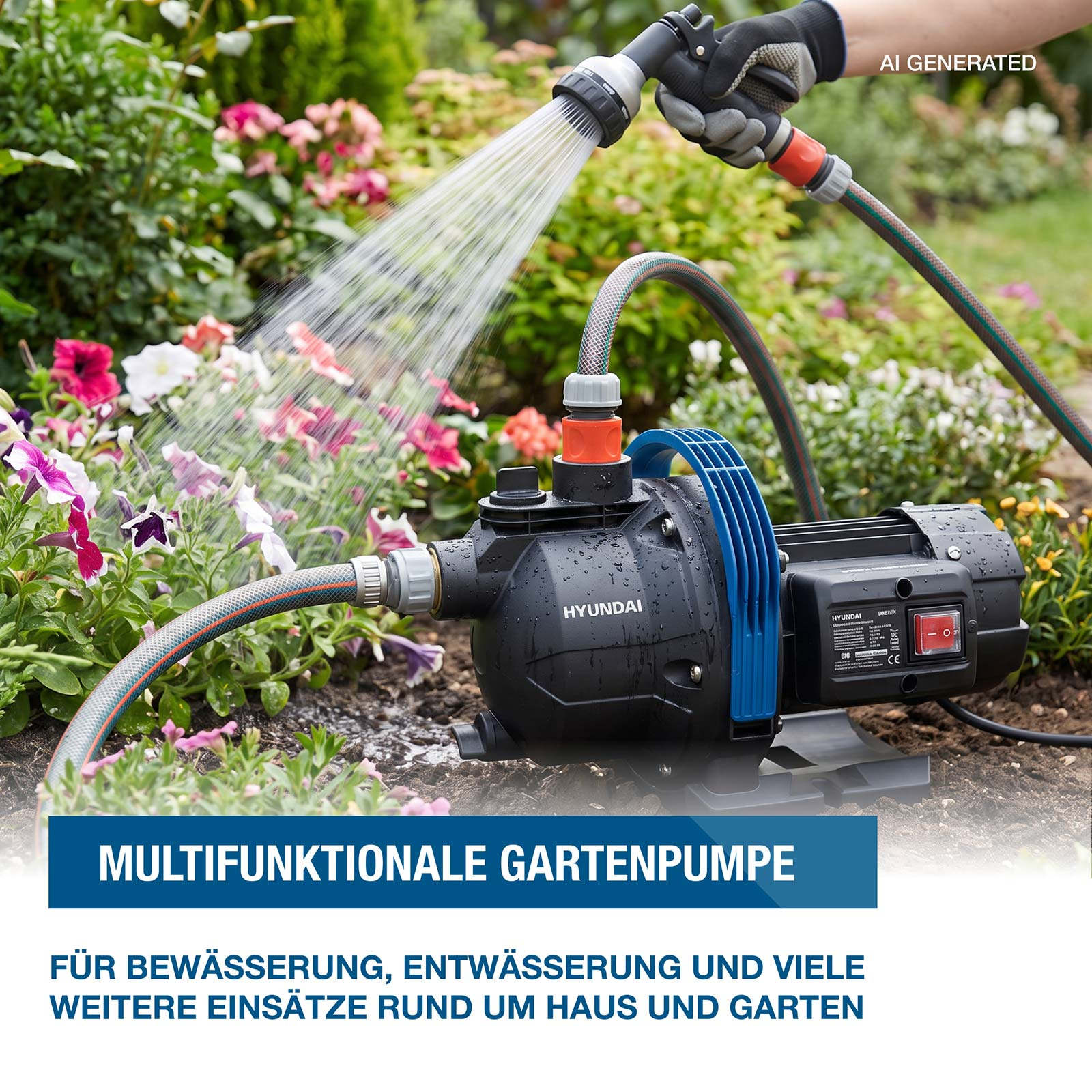 Eine schwarze Hyundai Gartenpumpe pumpt Wasser in ein Gartenbeet.