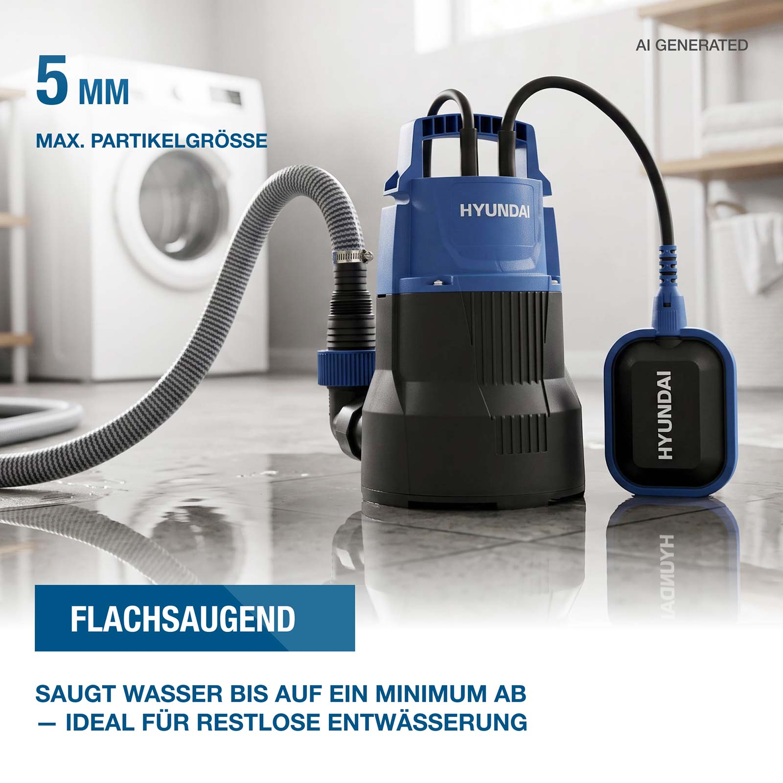 Eine blaue und schwarze Hyundai Tauchpumpe steht auf nassem Boden, verbunden mit einem Schlauch.