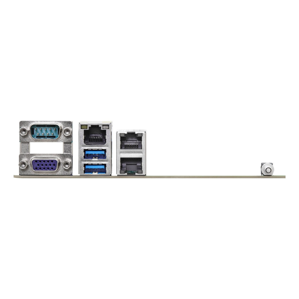 Tylny panel płyty głównej z portami szeregowymi, VGA, USB, Ethernet i złączem antenowym.