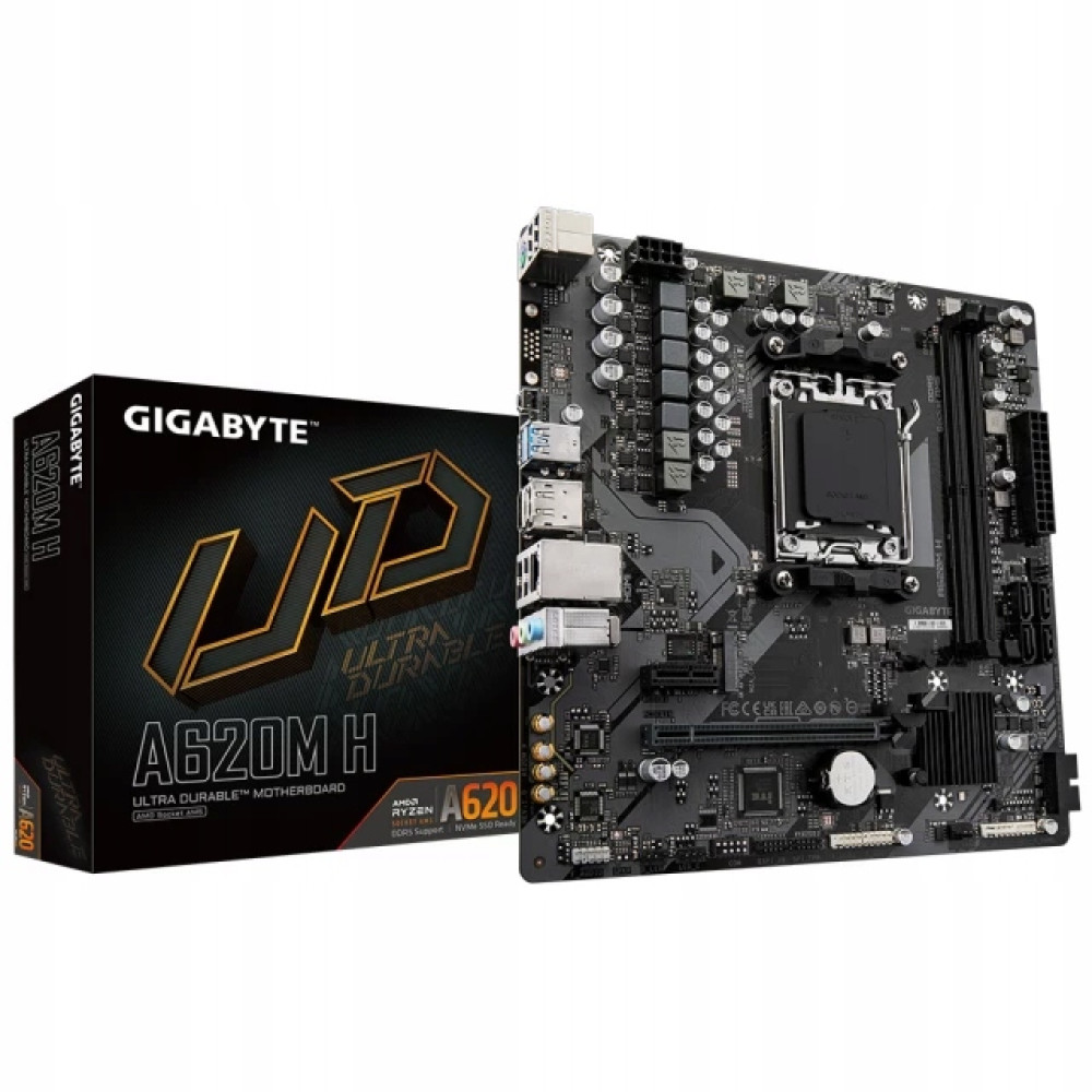 Gigabyte A620M H motherboard shown beside its black product box on a white background.