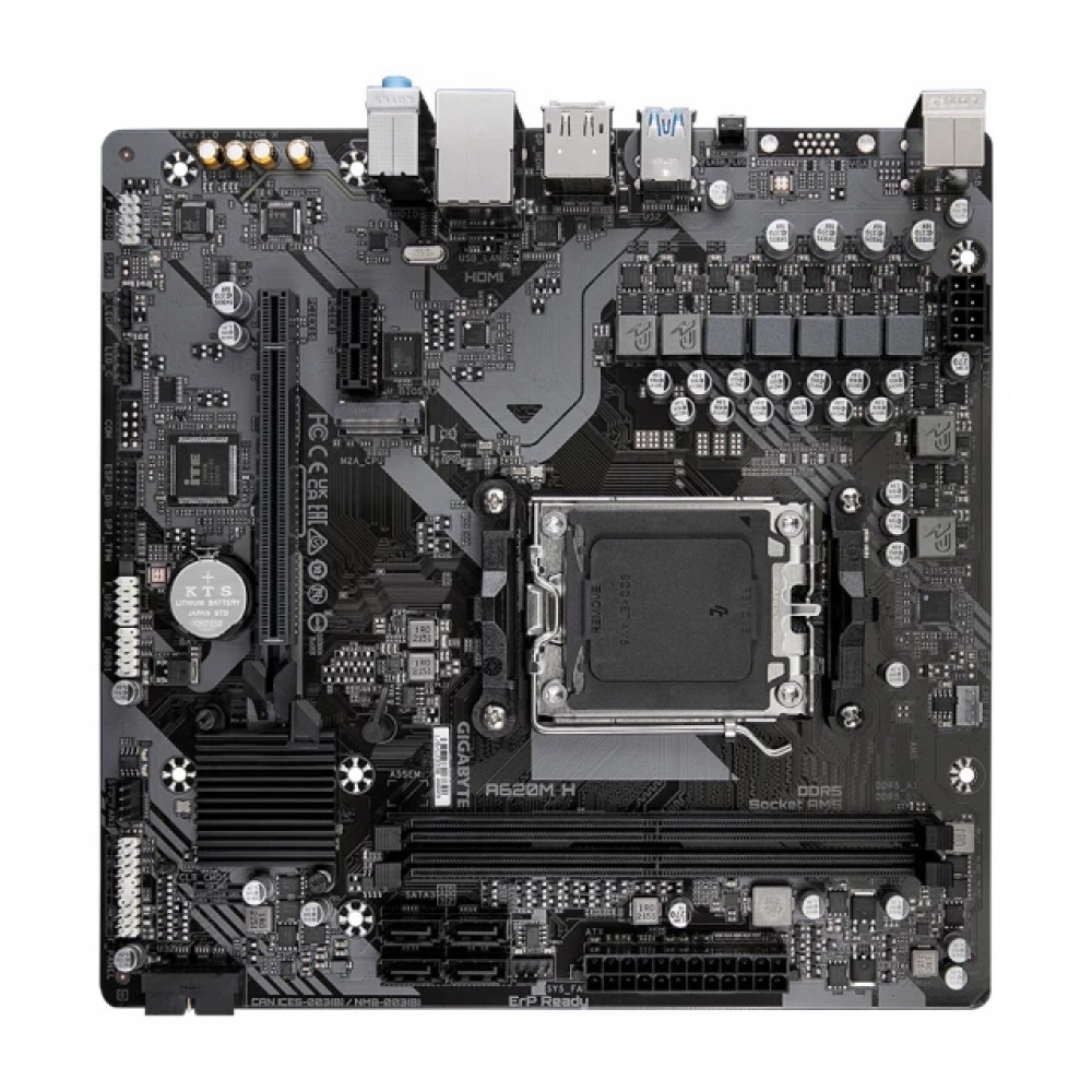Top view of a black Gigabyte A620M H motherboard with various ports and components.
