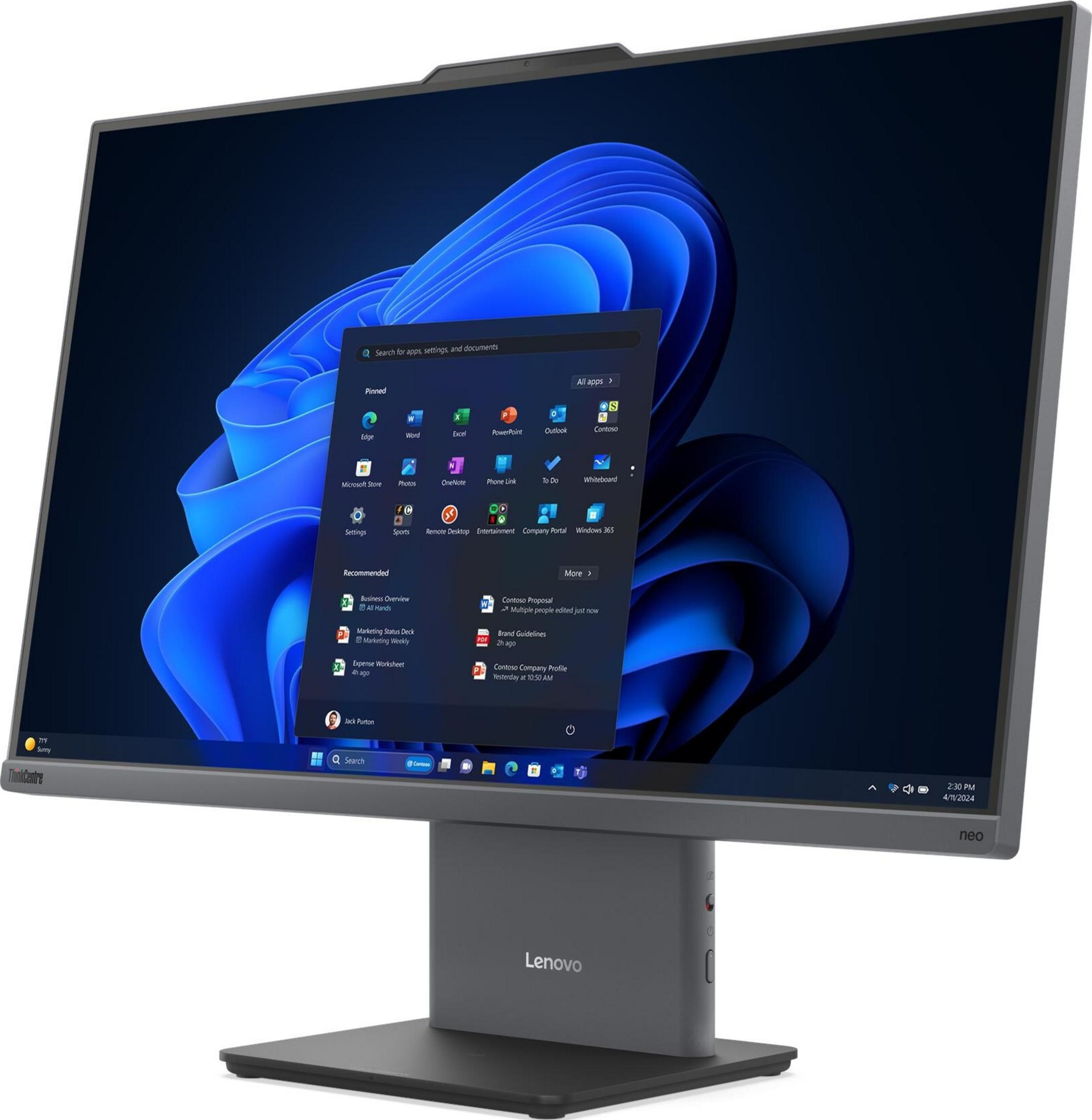 Komputer typu all-in-one Lenovo z niebieskim ekranem Windows 11 i menu startowym.