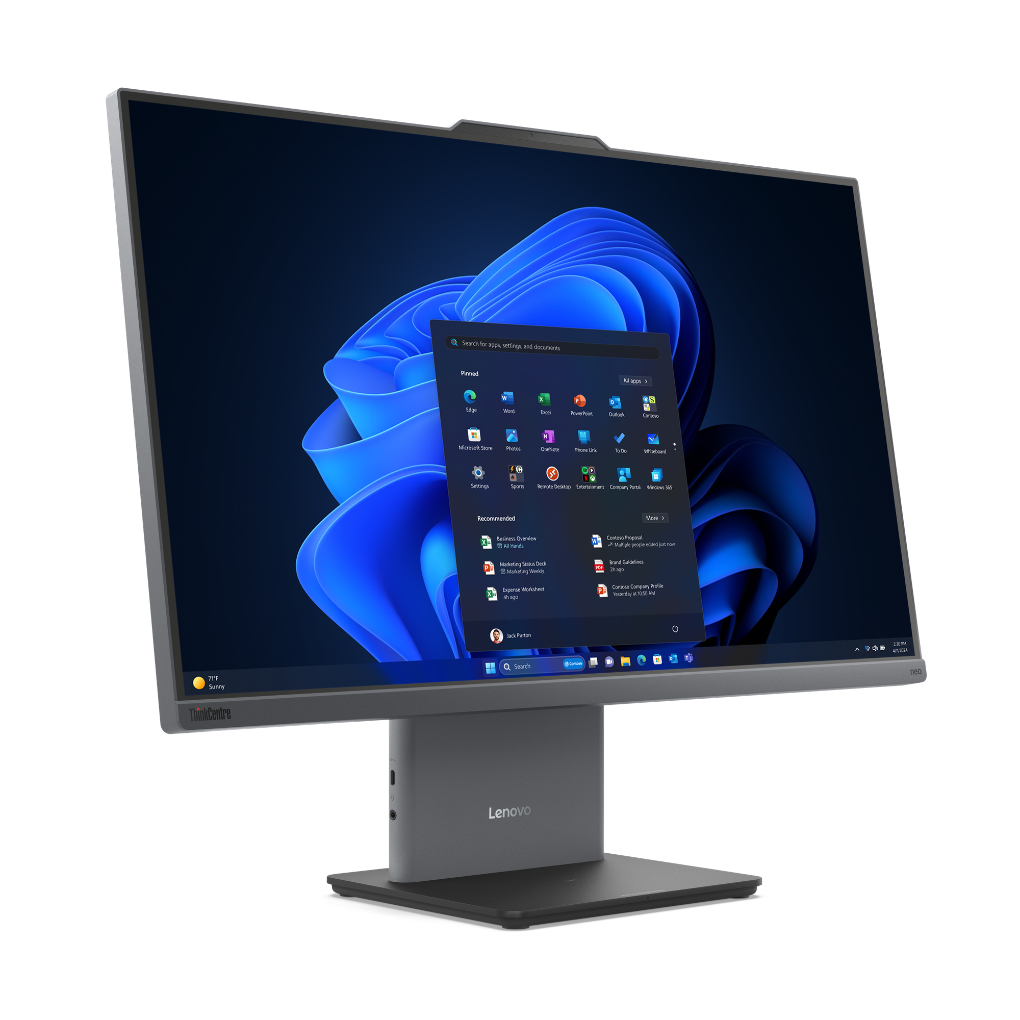 Szary komputer All-in-One Lenovo z menu Start systemu Windows 11 na ekranie, na białym tle.