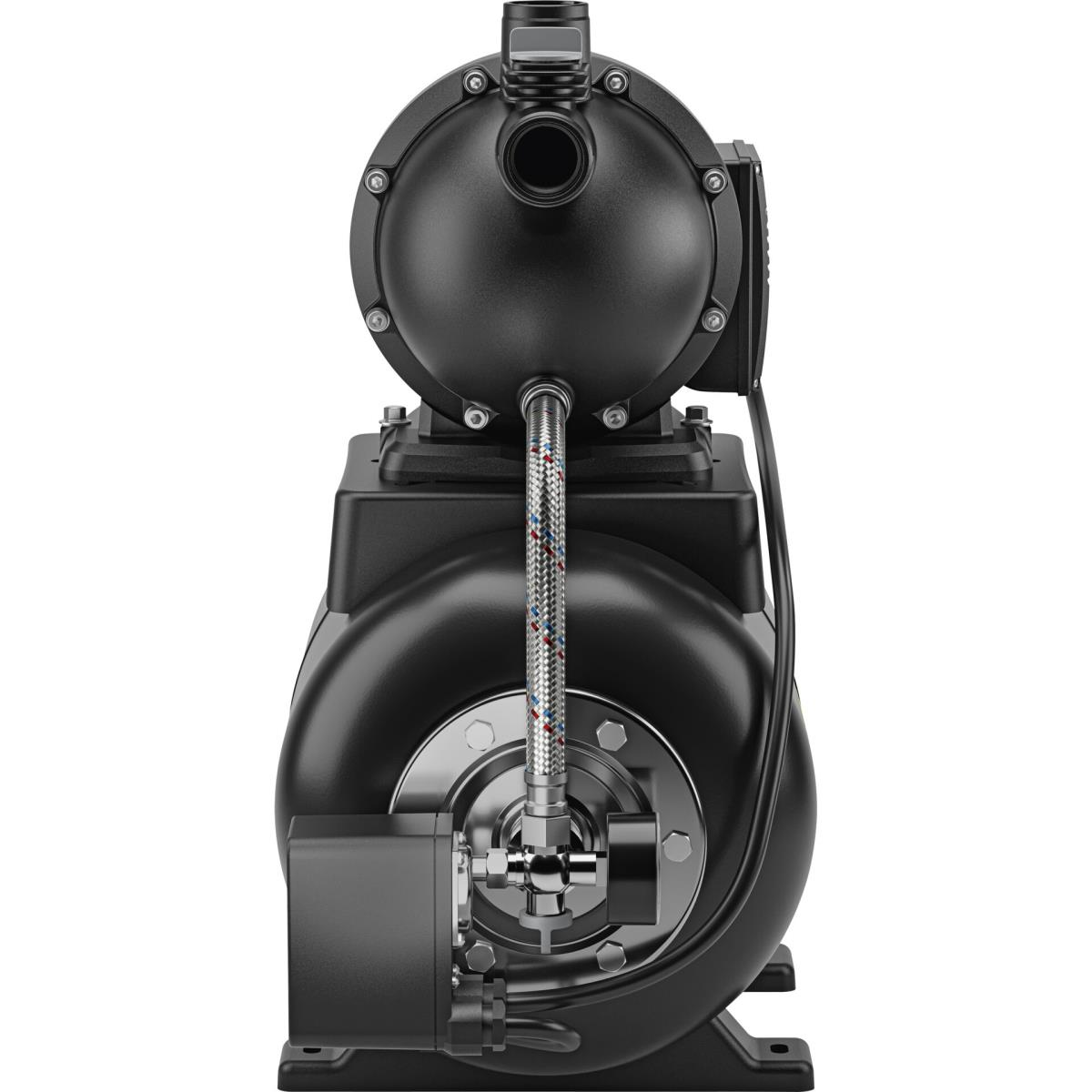 Eine schwarze Wasserpumpe mit einem geflochtenen Metallschlauch und silbernen Anschlüssen.