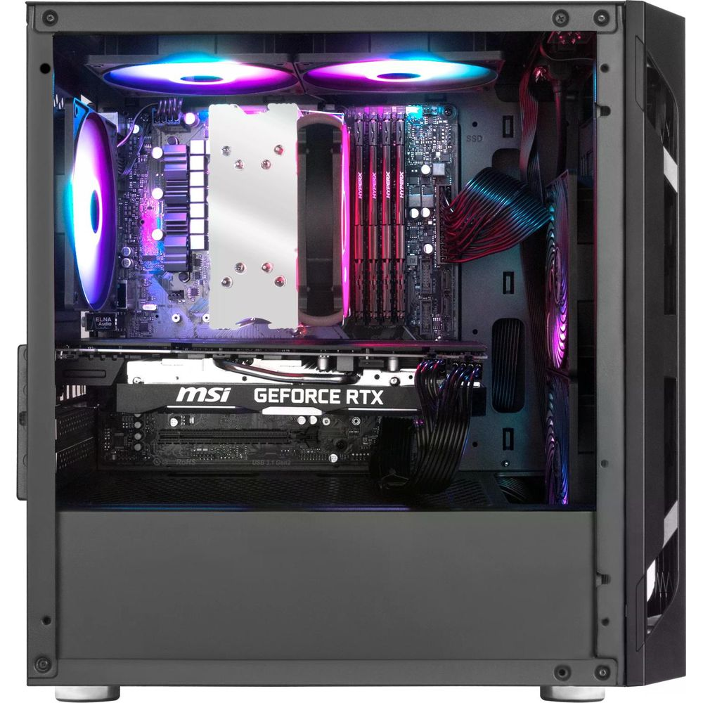 Wnętrze otwartej obudowy PC przedstawia kartę graficzną MSI GeForce RTX i kolorowe wentylatory RGB.