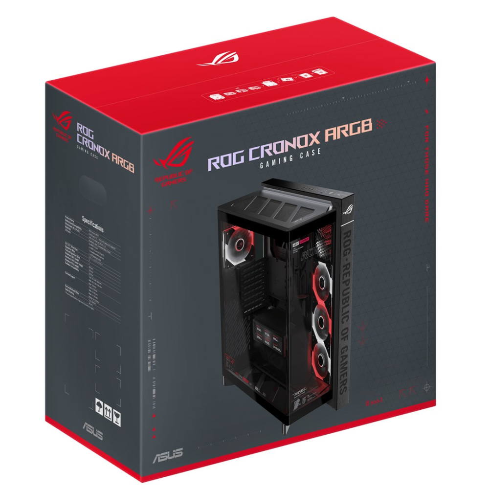 Opudowanie produktu dla obudowy gamingowej ROG Cronox ARGB w kolorze czarnym i czerwonym z grafiką i logo ASUS.