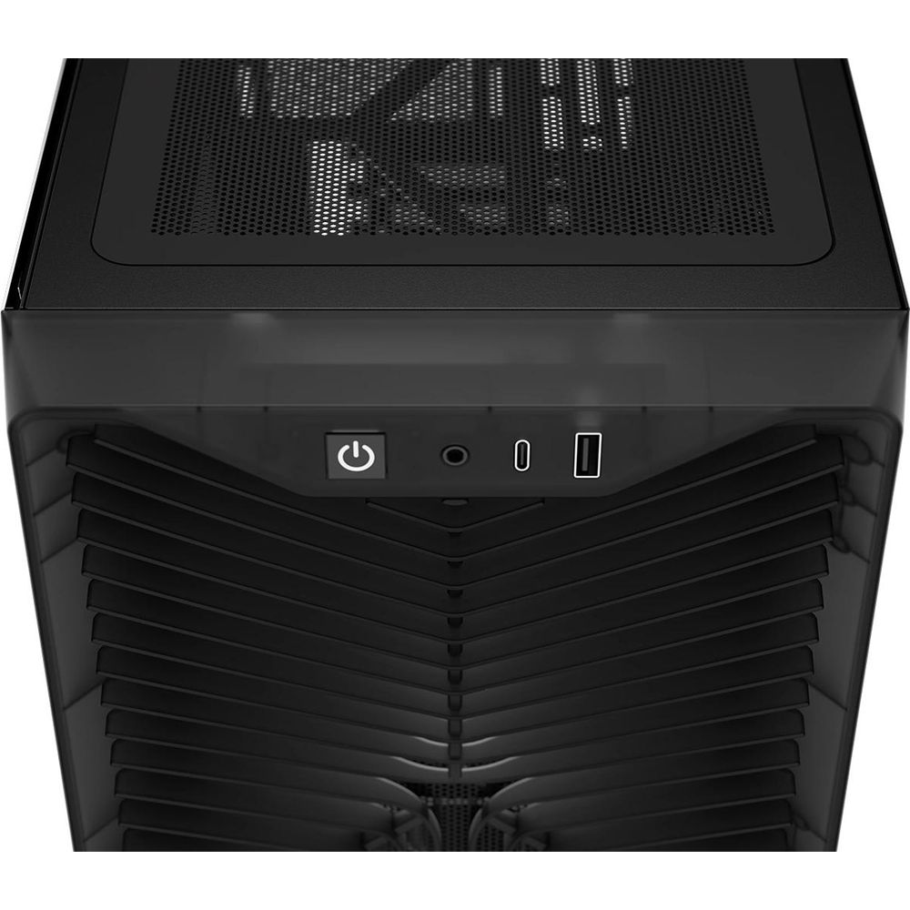 Górny i przedni widok czarnej obudowy PC z przyciskiem zasilania, gniazdem audio i portami USB.