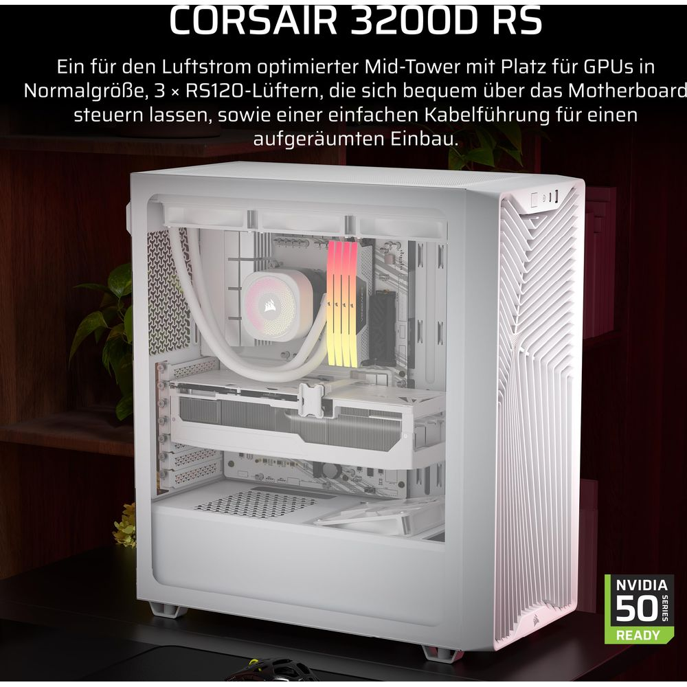 Biała obudowa PC Corsair 3200D RS z podzespołami wewnętrznymi, oświetleniem RGB i kartą graficzną.