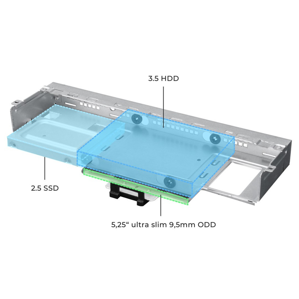 Metalowy wspornik napędu komputera z oznaczeniami na SSD 2,5, HDD 3,5 i ODD 5,25.