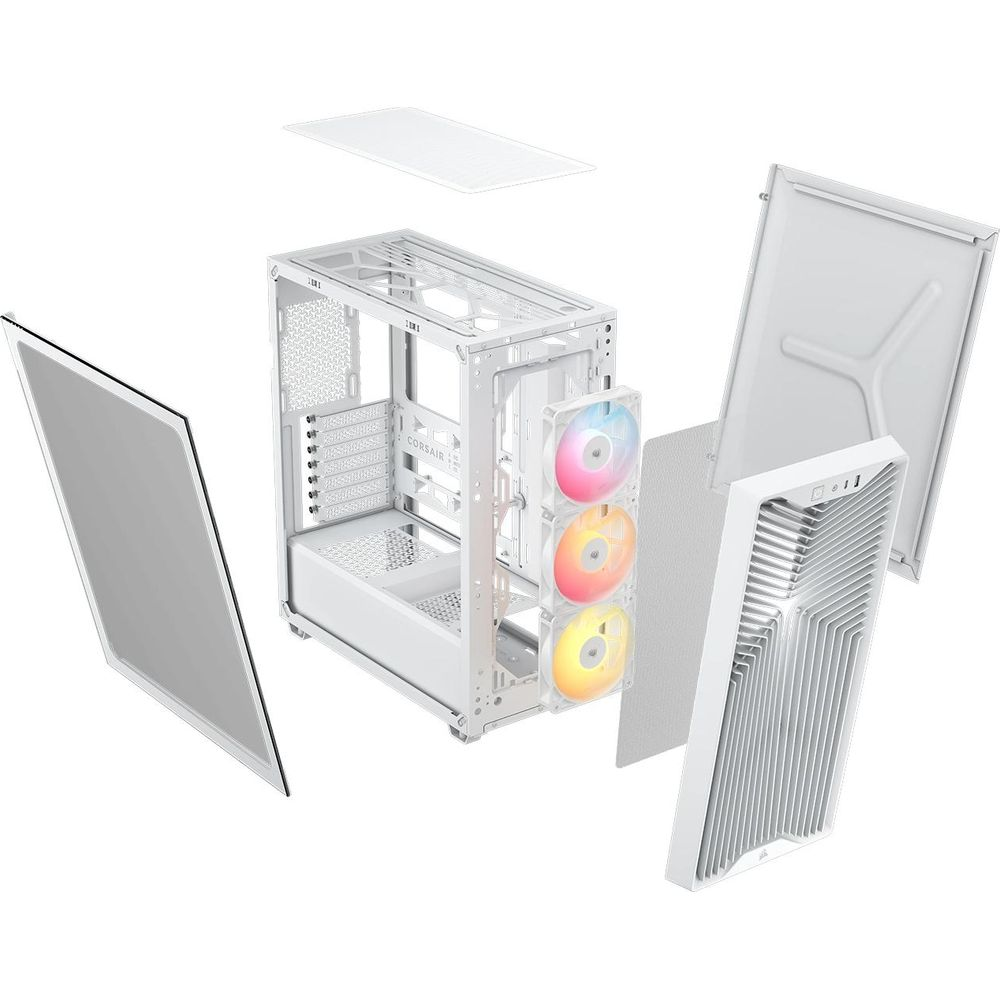 Widok rozstrzelony białej obudowy PC Corsair z zdemontowanymi panelami i trzema wentylatorami RGB.