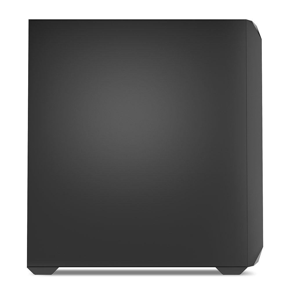 Vista laterale di un minimalista case per computer nero su sfondo bianco.