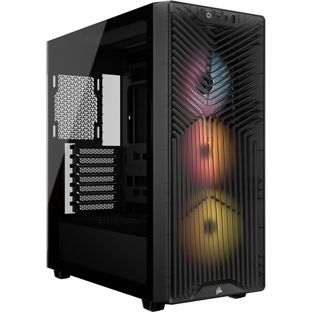 Czarna obudowa PC z szklanym bokiem i oświetleniem RGB z przodu.