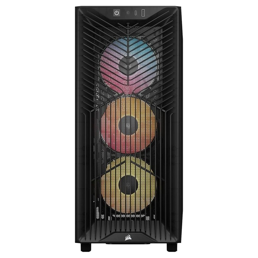 Czarna obudowa komputera z trzema kolorowymi wentylatorami RGB za przednią kratką.
