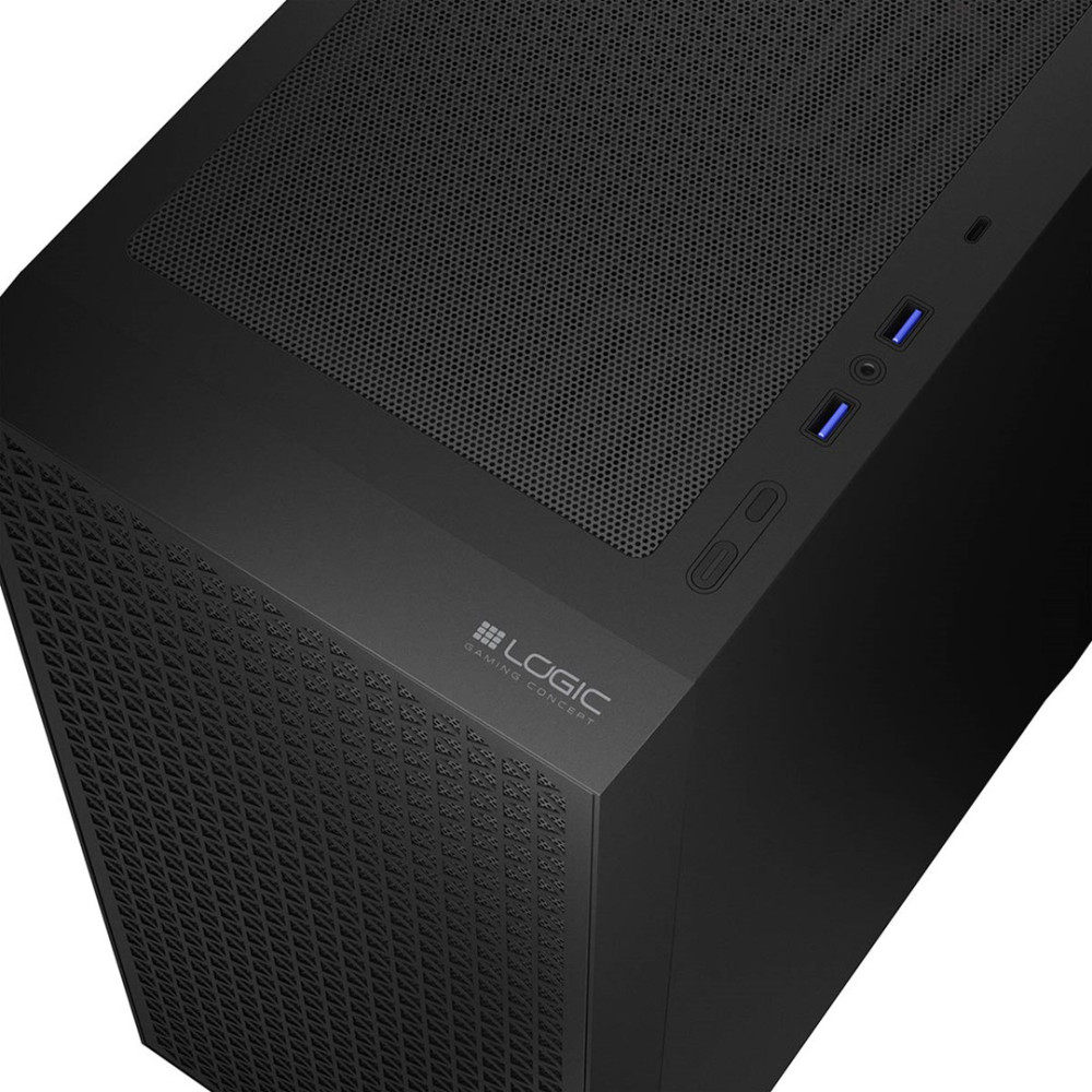 Czarna obudowa PC z siatkową górą, przednią kratką, logo i portami USB.