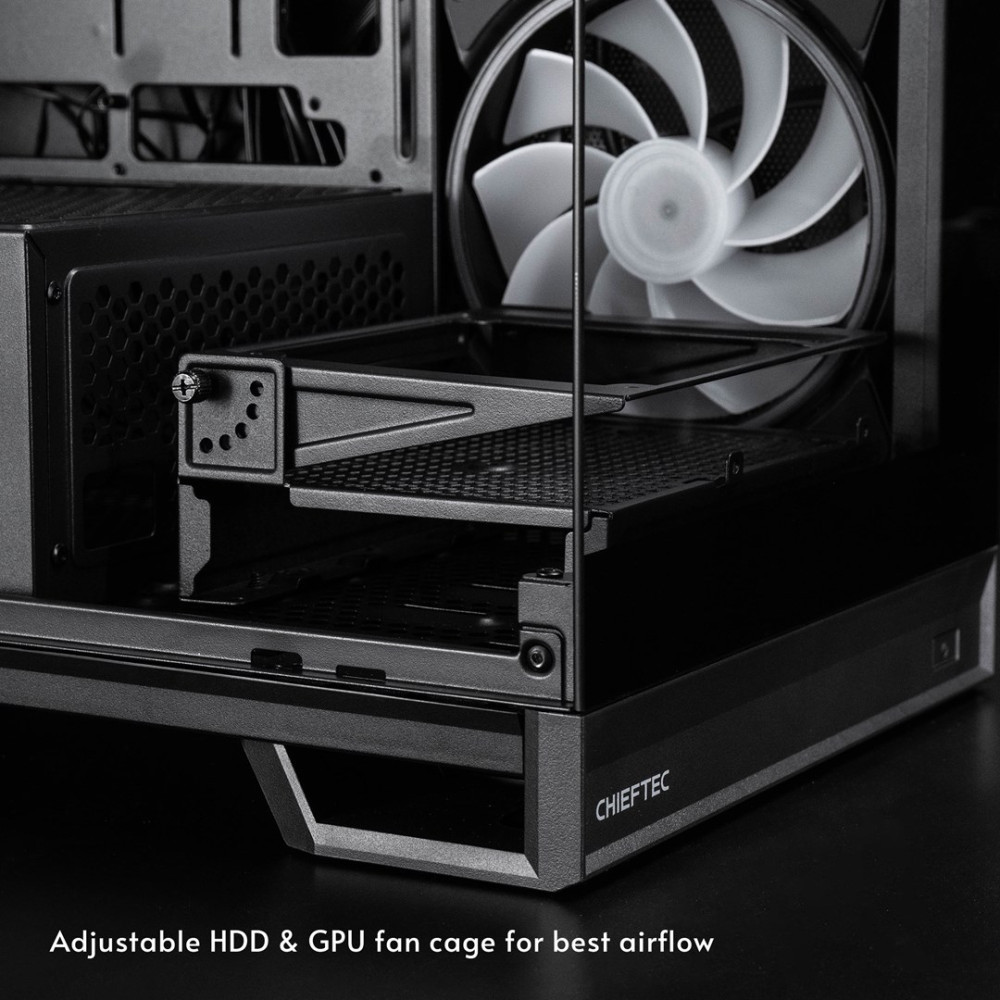 Obudowa komputera z regulowaną klatką wentylatora HDD i GPU.