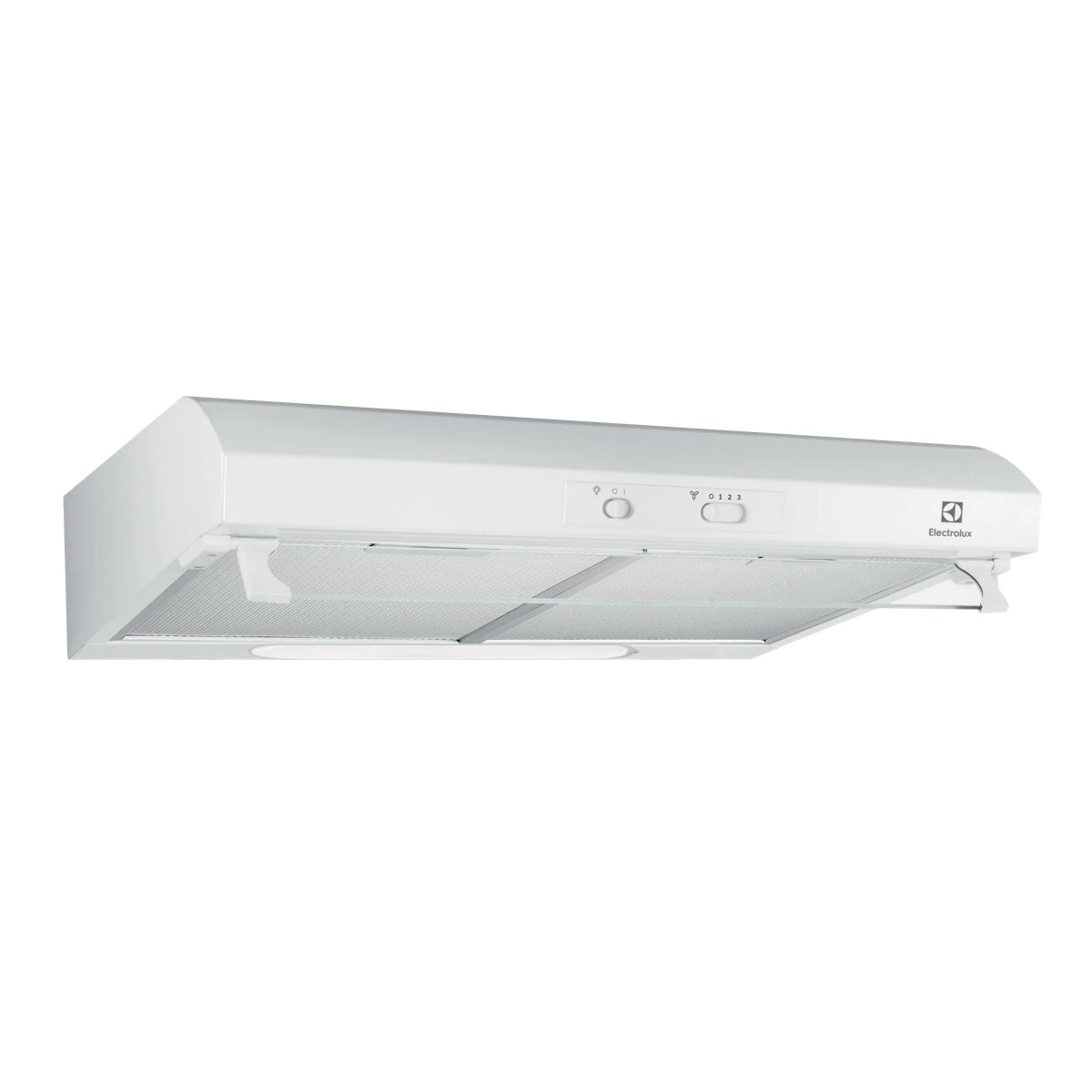 Una campana extractora Electrolux blanca con filtros de malla y controles deslizantes.