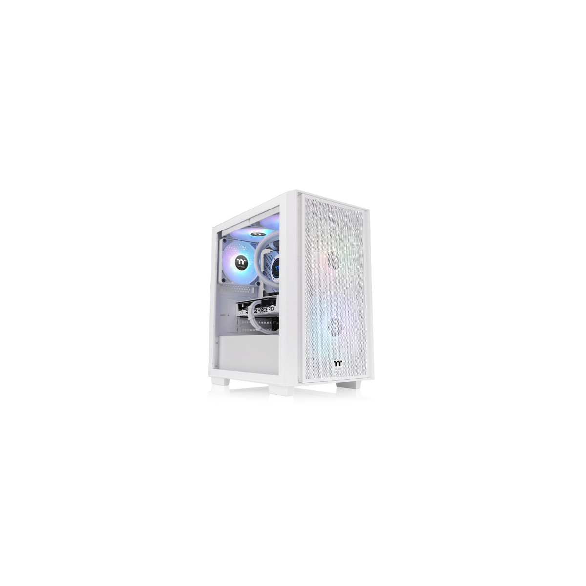 Un case per PC bianco con ventole RGB, pannello laterale trasparente e frontale in rete su sfondo bianco.