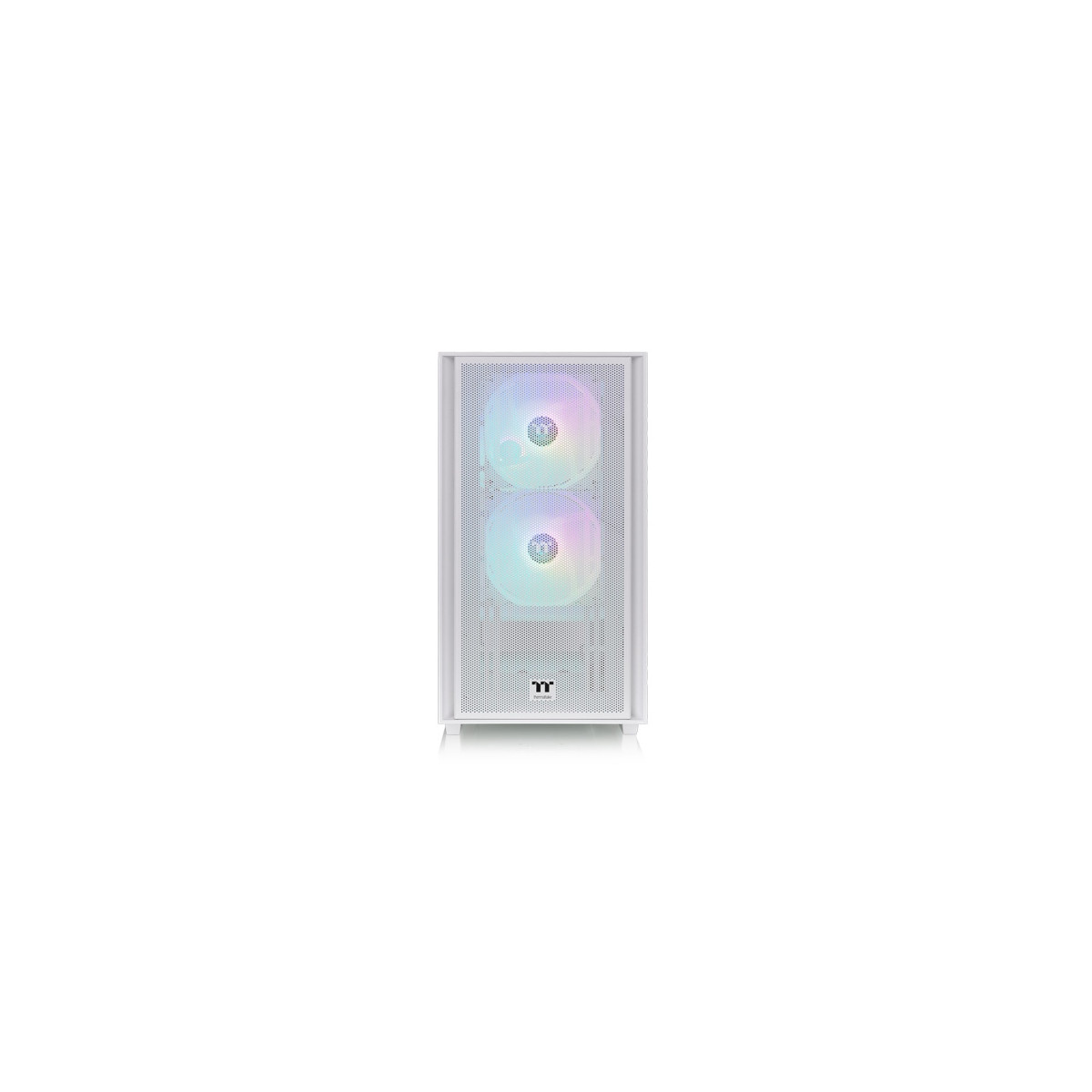 Tower PC bianco con frontale in rete e due ventole RGB illuminate.