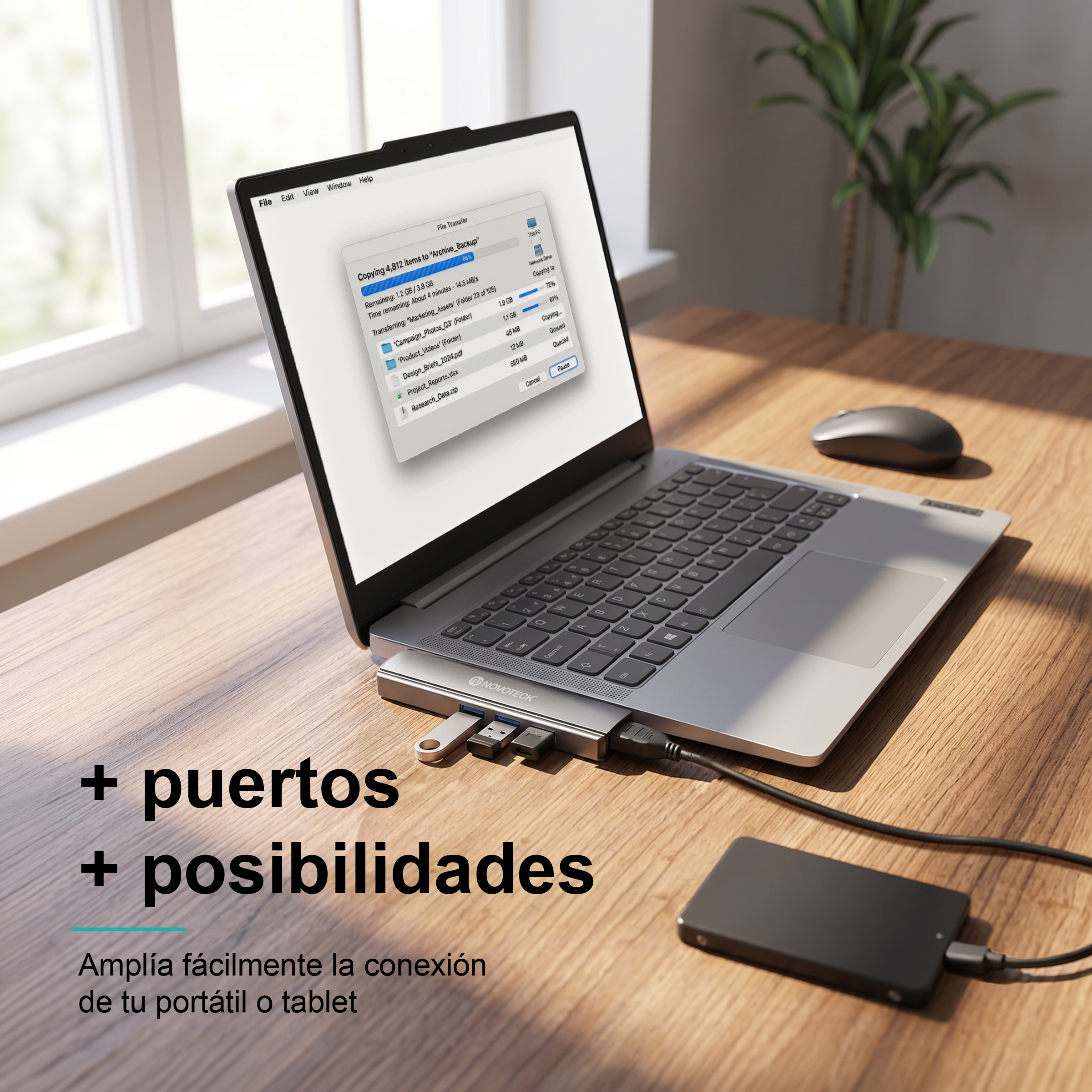 Un portátil en un escritorio de madera con adaptador multipuerto, unidades USB y texto en español.