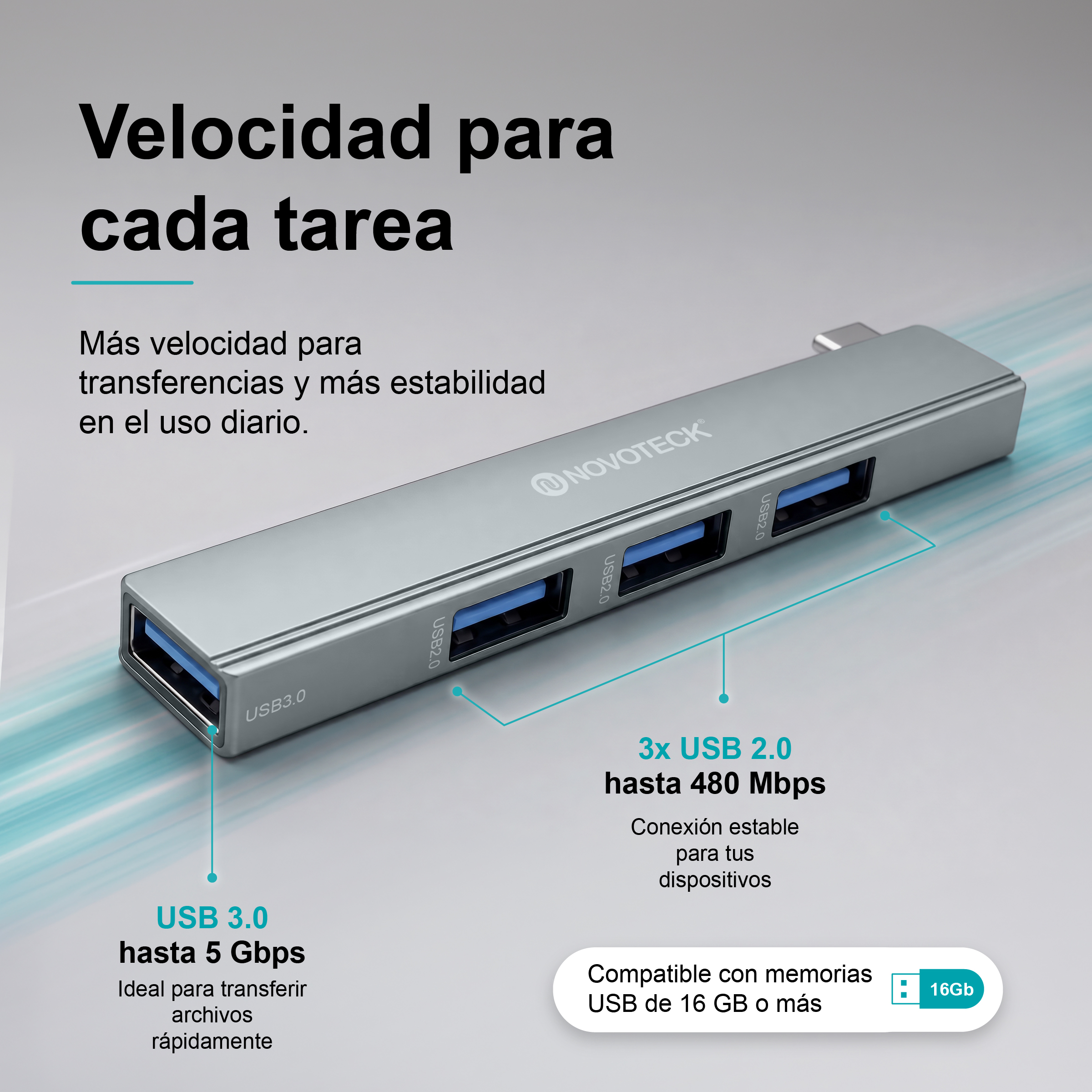 Un concentrador USB Novoteck plateado con un puerto USB 3.0 y tres puertos USB 2.0.