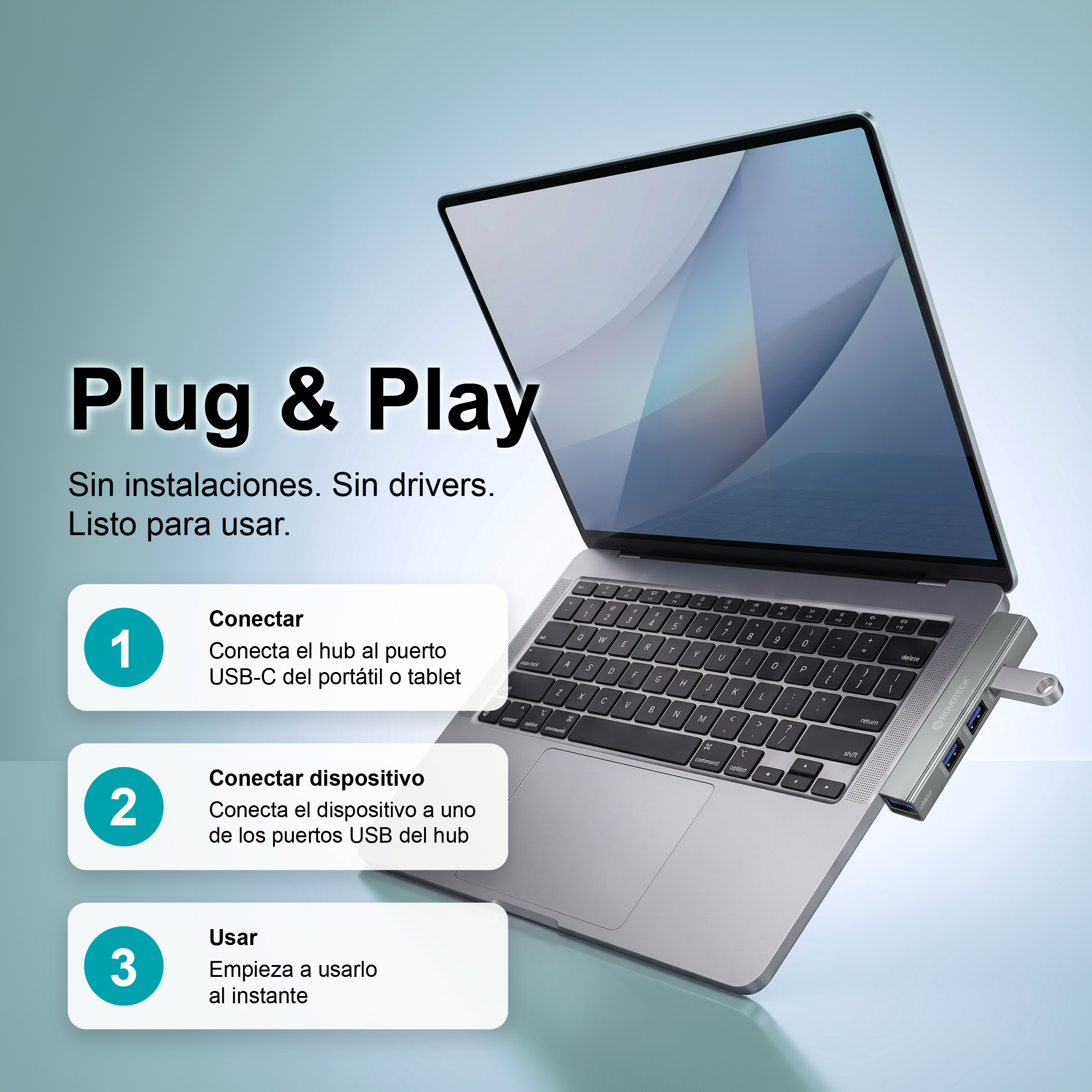 Portátil con un concentrador USB y guía de tres pasos de conectar y usar sobre fondo azul.