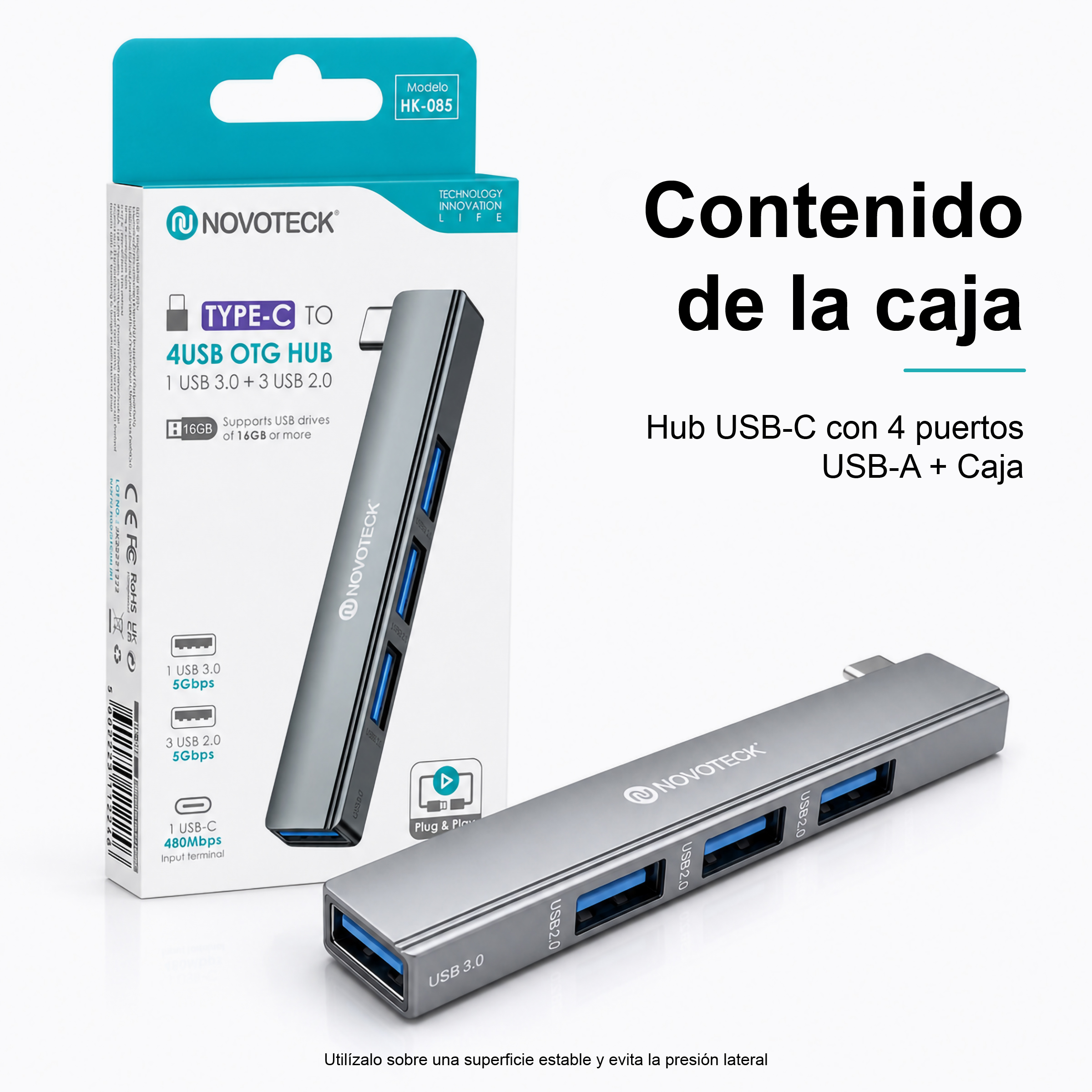 Hub USB-C de 4 puertos Novoteck gris junto a su caja de venta en fondo blanco con texto en español.