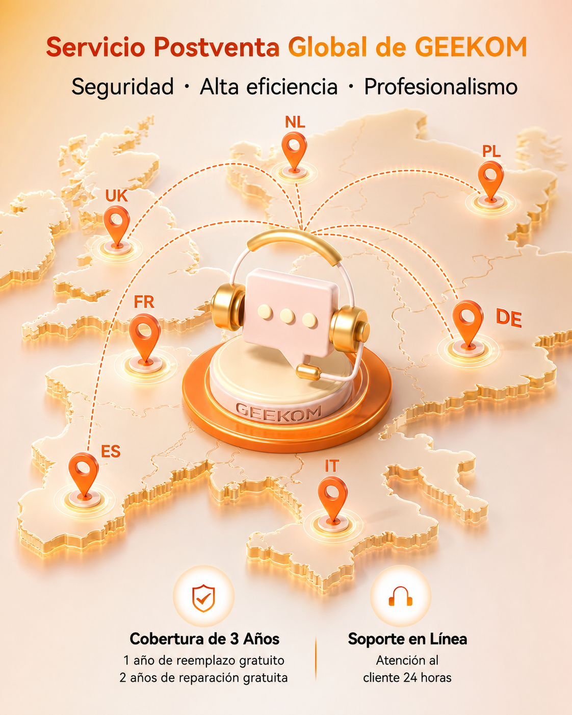 Mapa de Europa con auriculares centrales y pines de ubicacion para paises como UK, FR, ES, NL, PL, DE e IT.