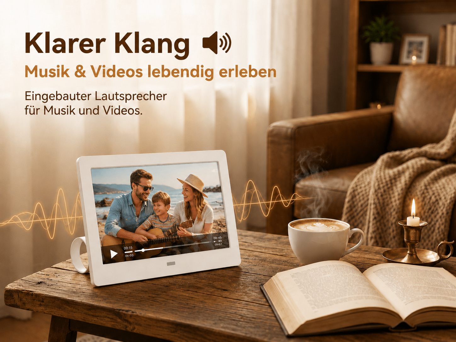 Ein digitaler Bilderrahmen zeigt eine Familie am Strand, auf einem Holztisch mit Kaffeetasse und Buch.