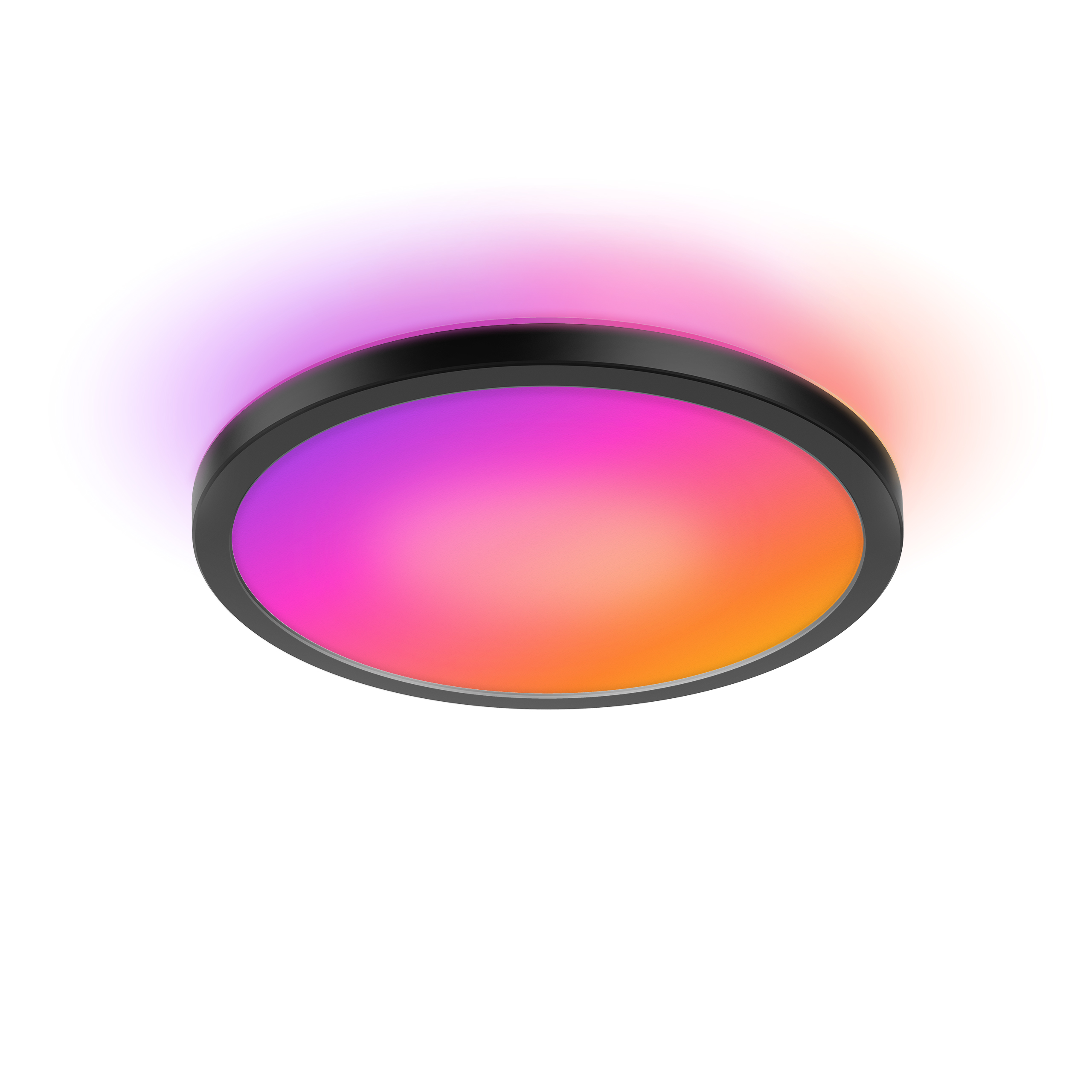 Runde schwarze Deckenleuchte mit leuchtendem pink- und orangefarbenem Licht gegen weißen Hintergrund.
