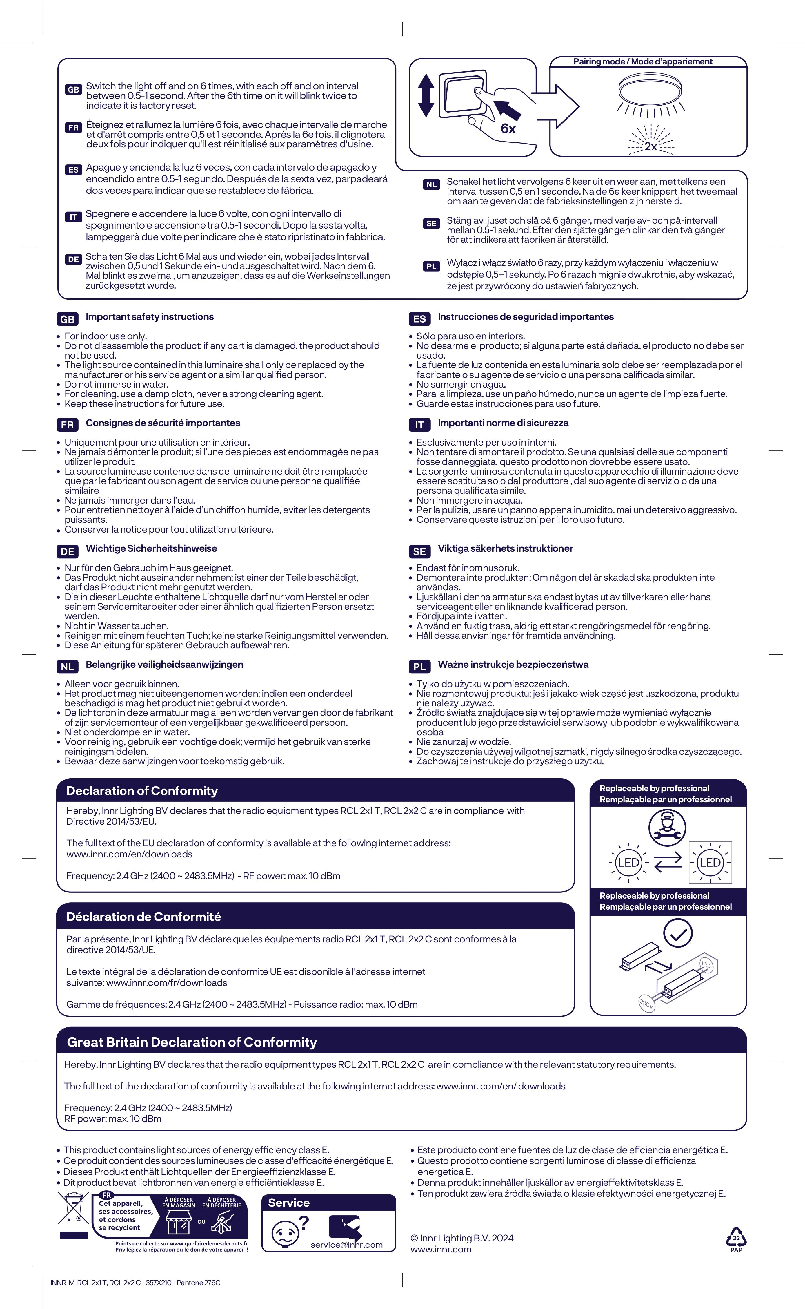 Handbuchseite mit Montageanleitungen, Sicherheitshinweisen und Konformitätserklärungen in mehreren Sprachen.
