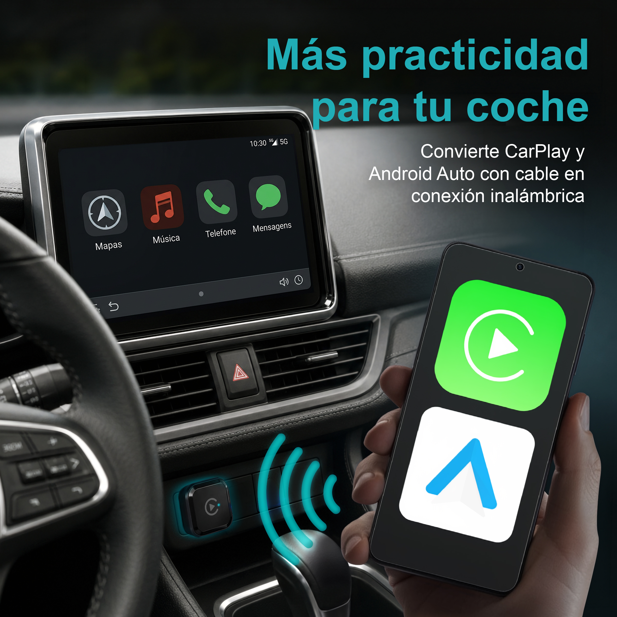 Smartphone con iconos de CarPlay y Android Auto, conectado de forma inalambrica a la pantalla del auto.