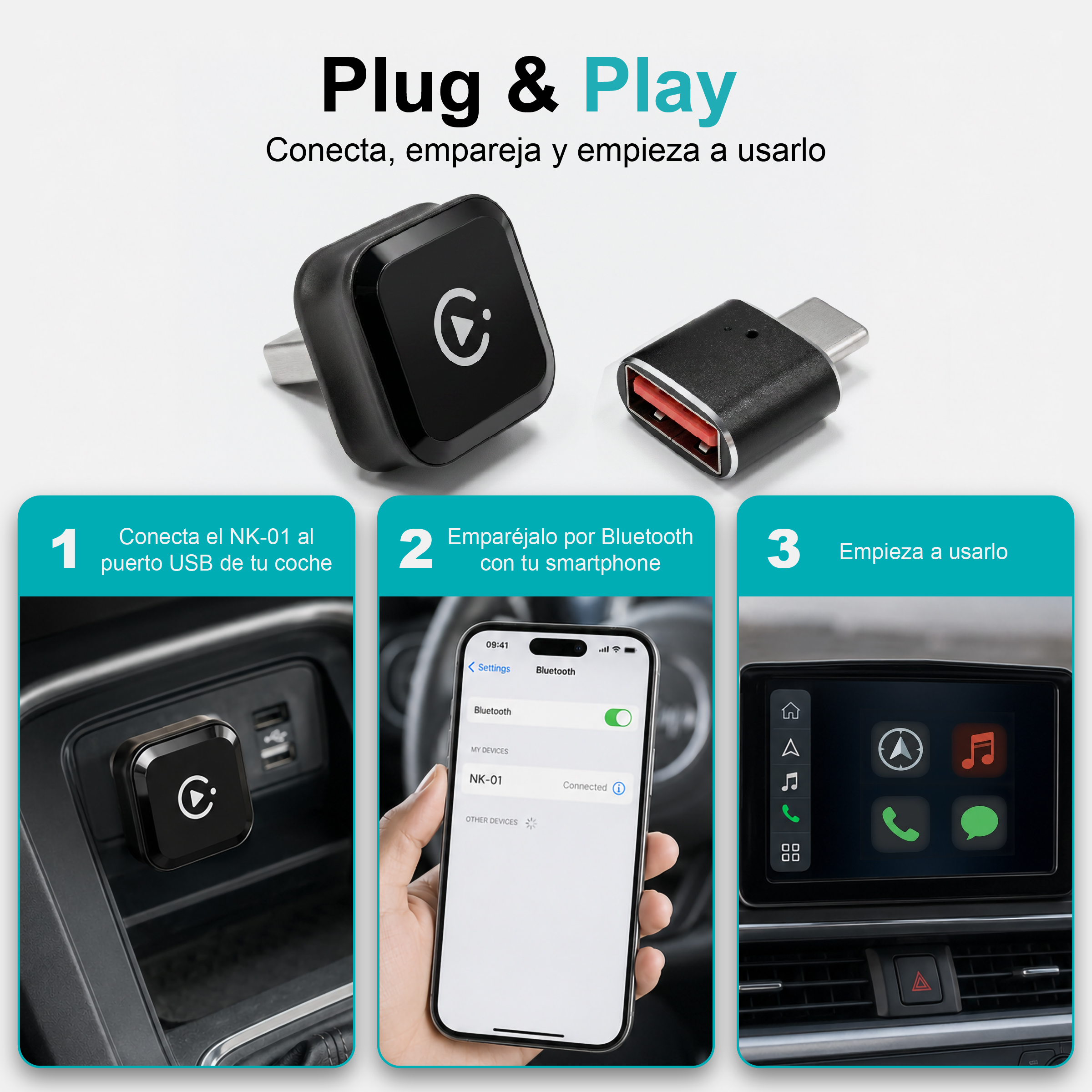 Adaptador inalámbrico Plug and Play: conéctalo al USB del coche, empareja por Bluetooth y úsalo.