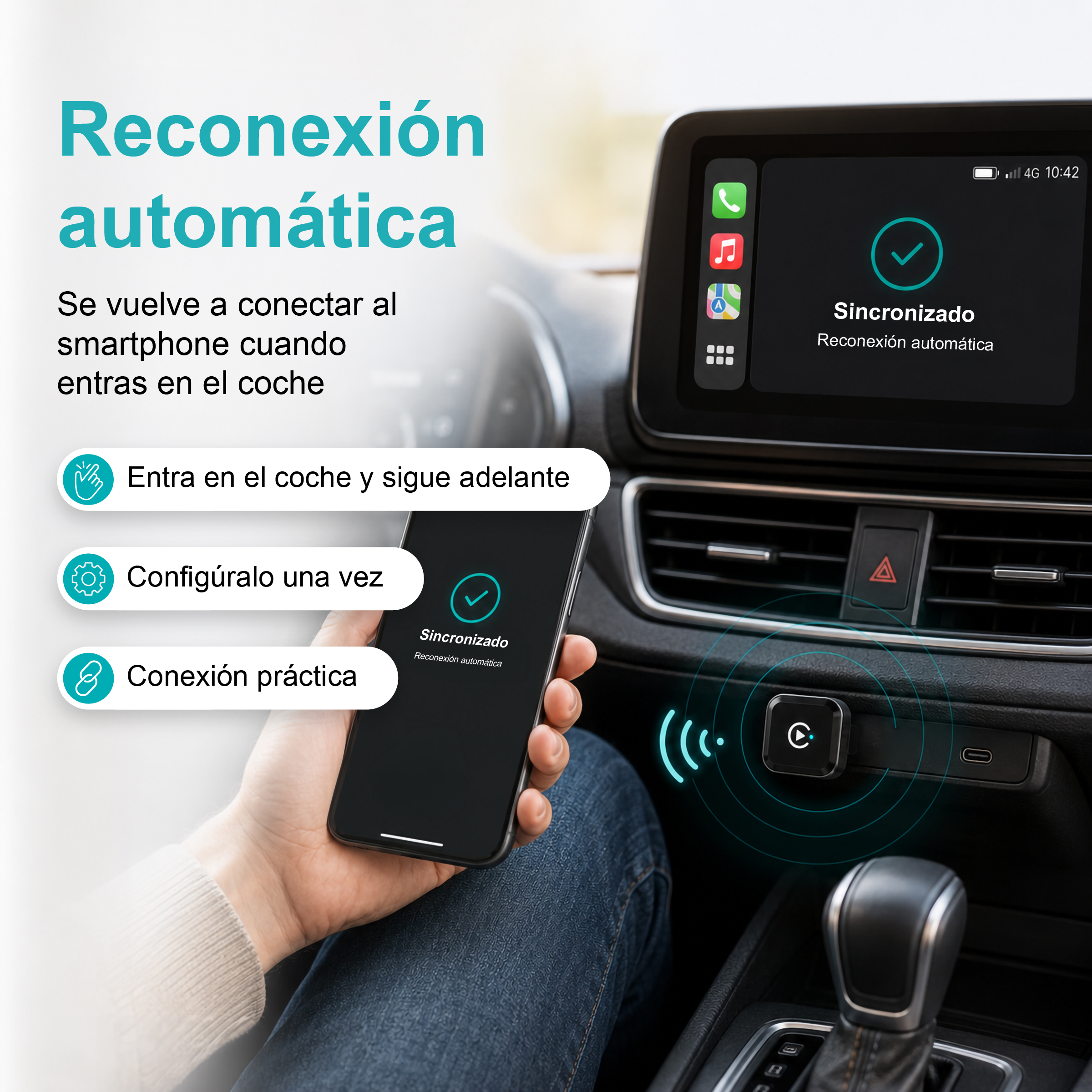 Smartphone mostrando sincronización, conectado a la pantalla del auto.
