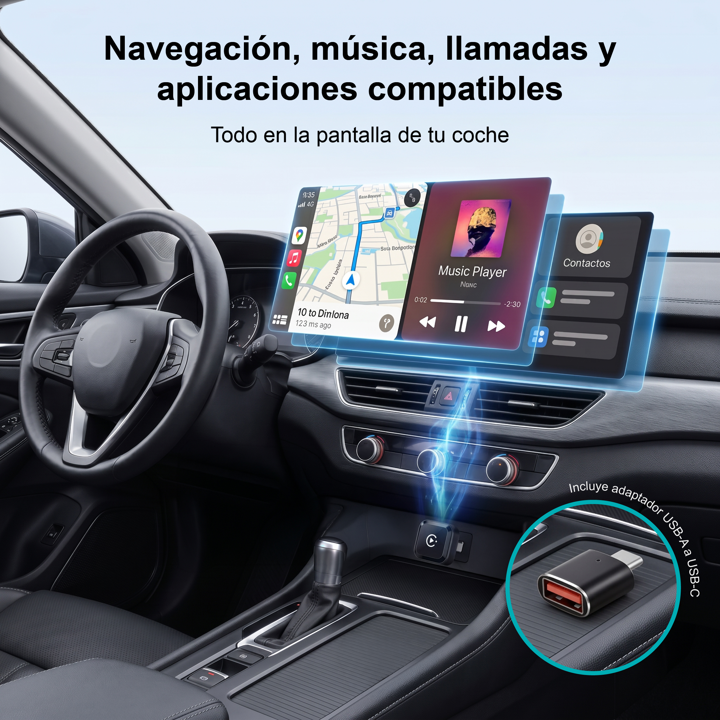 Interior de coche con interfaz de smartphone en el salpicadero y adaptador USB en círculo.