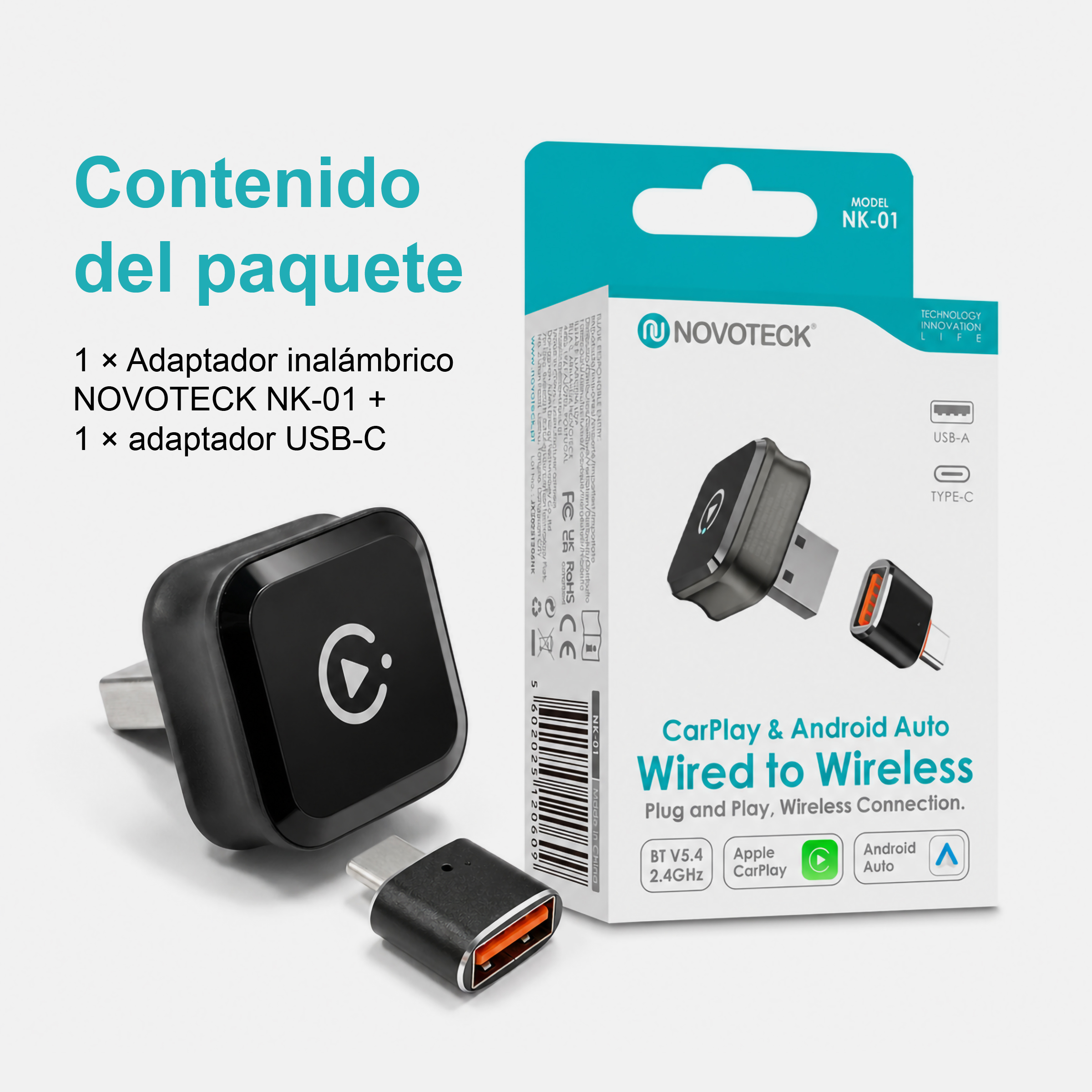 Adaptador inalambrico Novoteck NK-01 CarPlay y Android Auto con adaptador USB-C y caja.