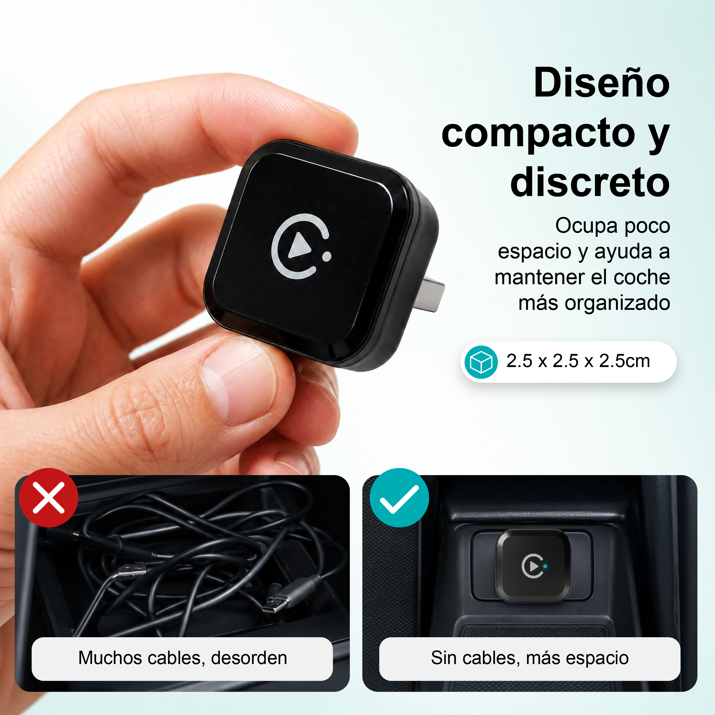 Pequeño enchufe negro en la mano, con imágenes comparativas que muestran un coche ordenado sin cables.