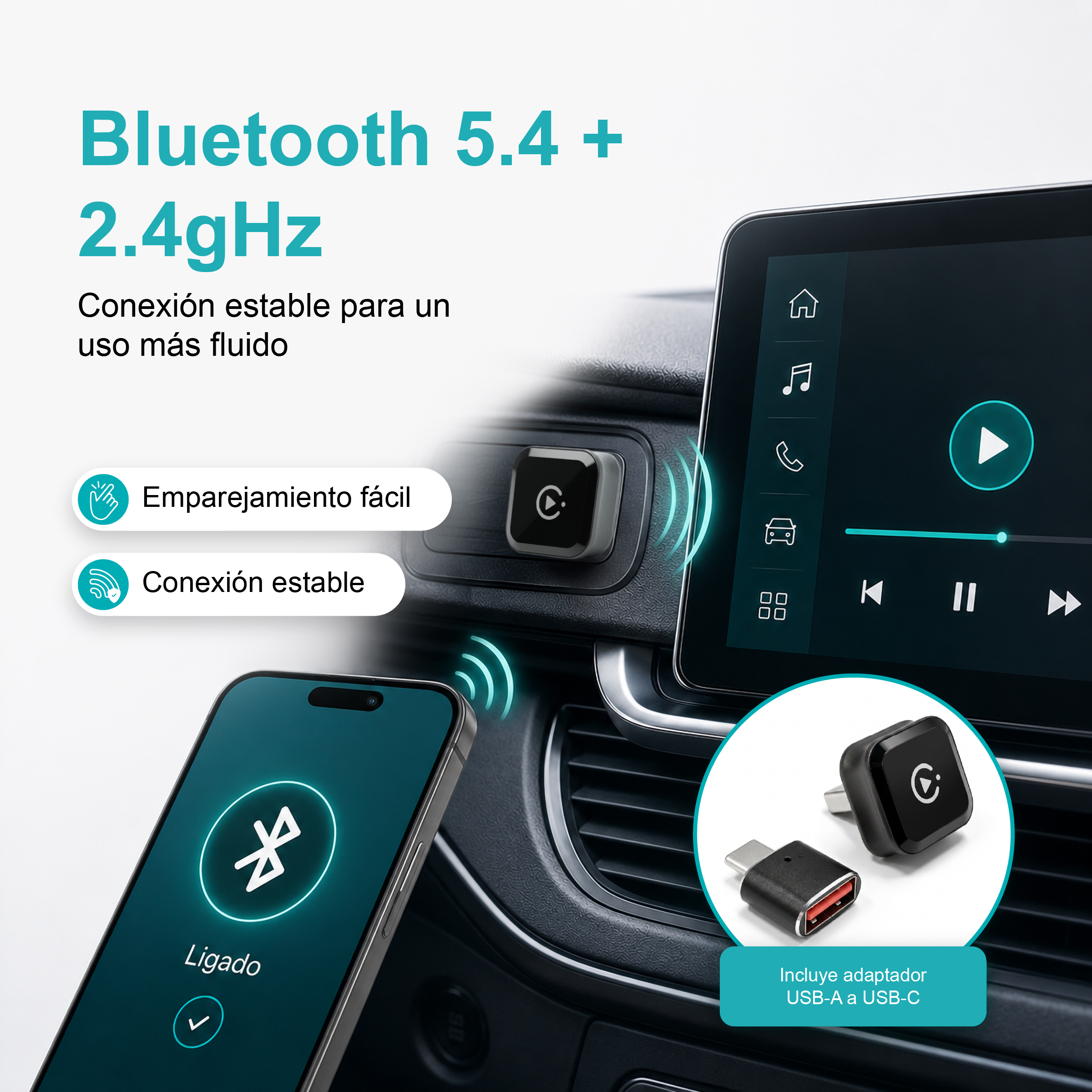 Adaptador Bluetooth para coche conectado a smartphone, pantalla y adaptador USB.