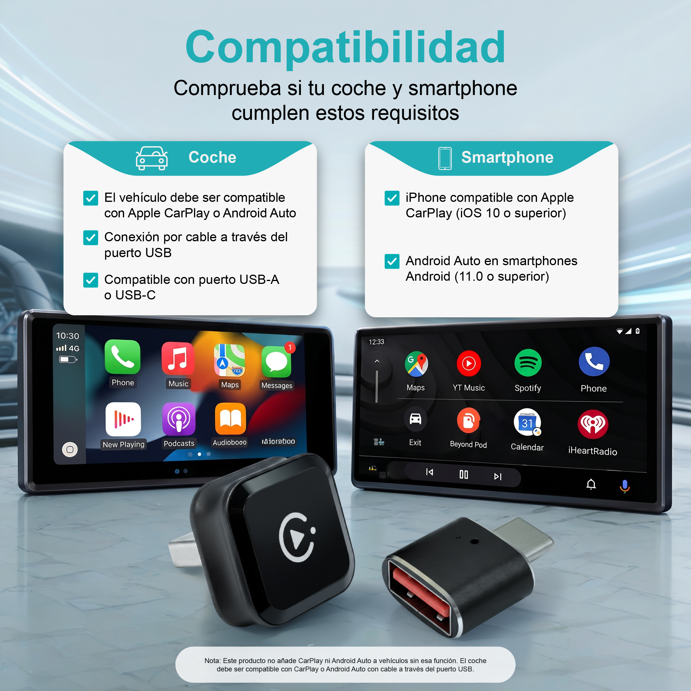 Gráfico de compatibilidad para Apple CarPlay y Android Auto con dos pantallas y adaptadores.