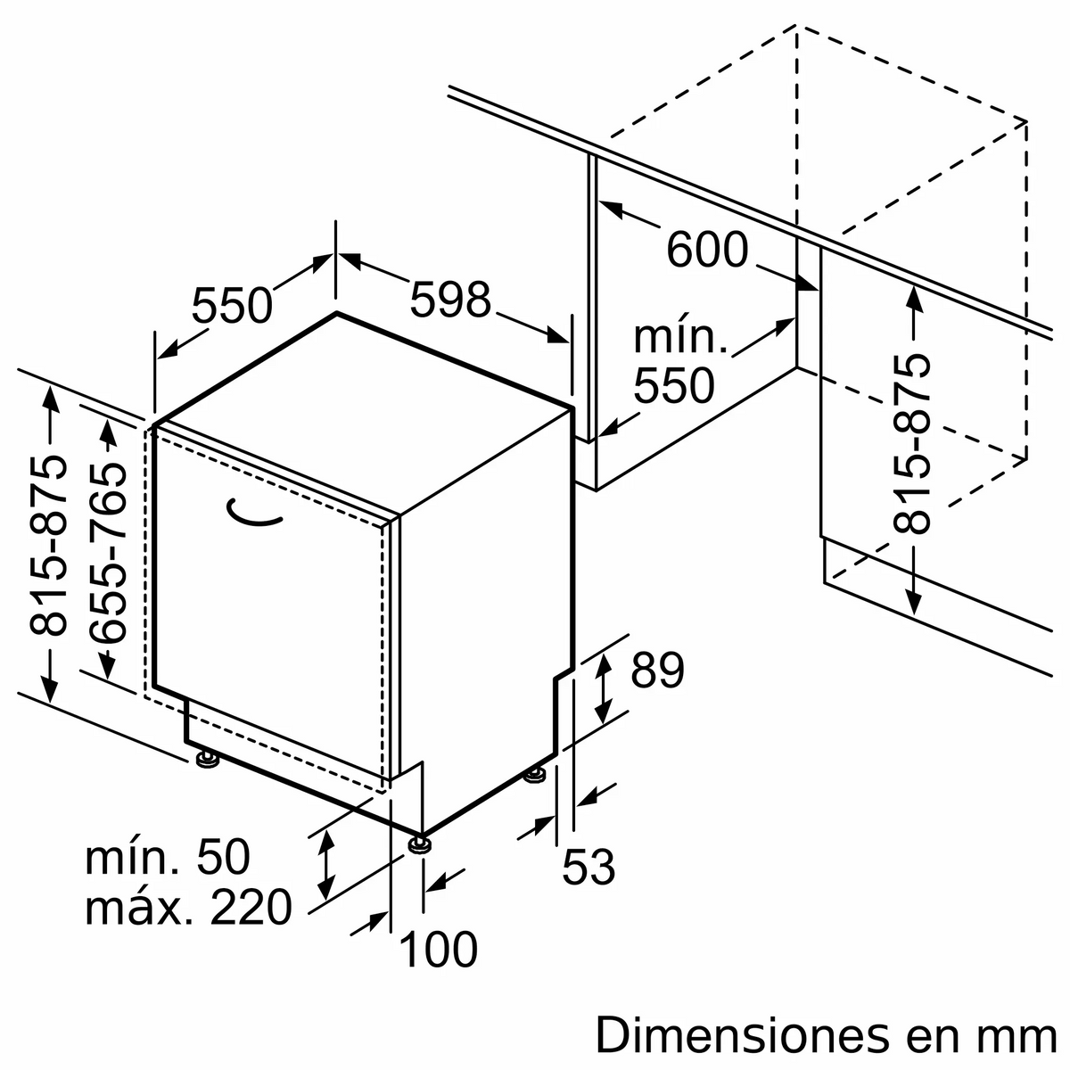 Dibujo técnico de un lavavajillas con cotas de instalación en milímetros.