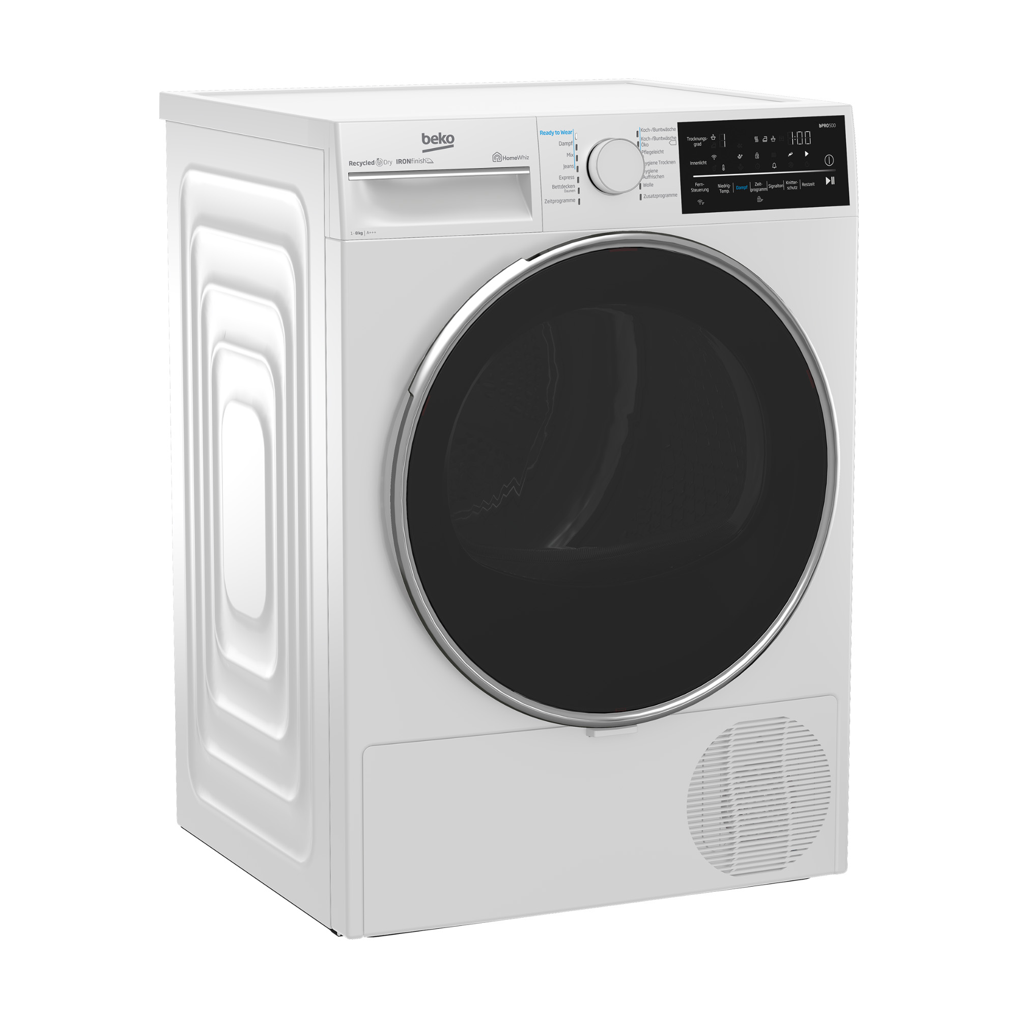 Ein weißer Beko-Wäschetrockner mit schwarzer Glastür, Drehregler und digitalem Bedienfeld auf einer weißen Oberfläche.