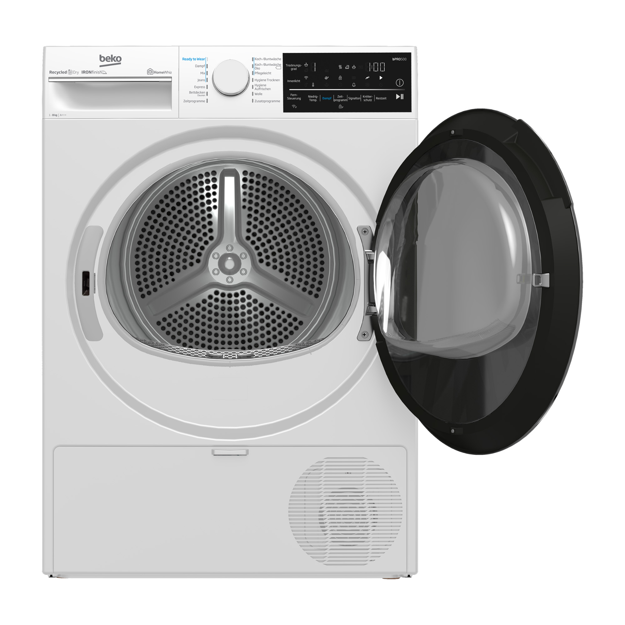 Weißer Beko-Wäschetrockner mit geöffneter schwarzer Glastür, Drehknopf und digitalem Bedienfeld.
