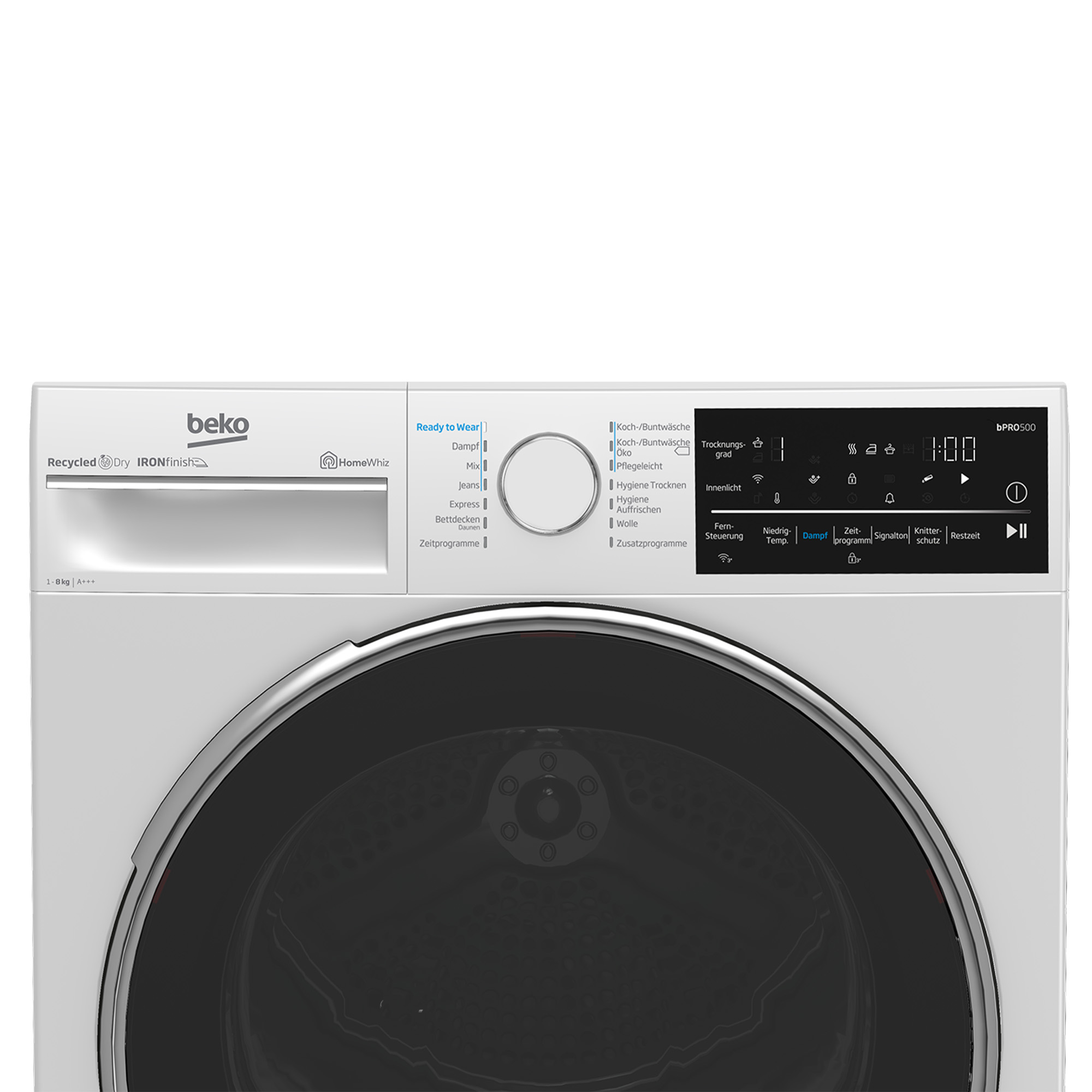 Frontansicht eines weißen Beko-Wäschetrockners mit schwarzem Display, Programmwahlrad und verchromtem Bullauge.