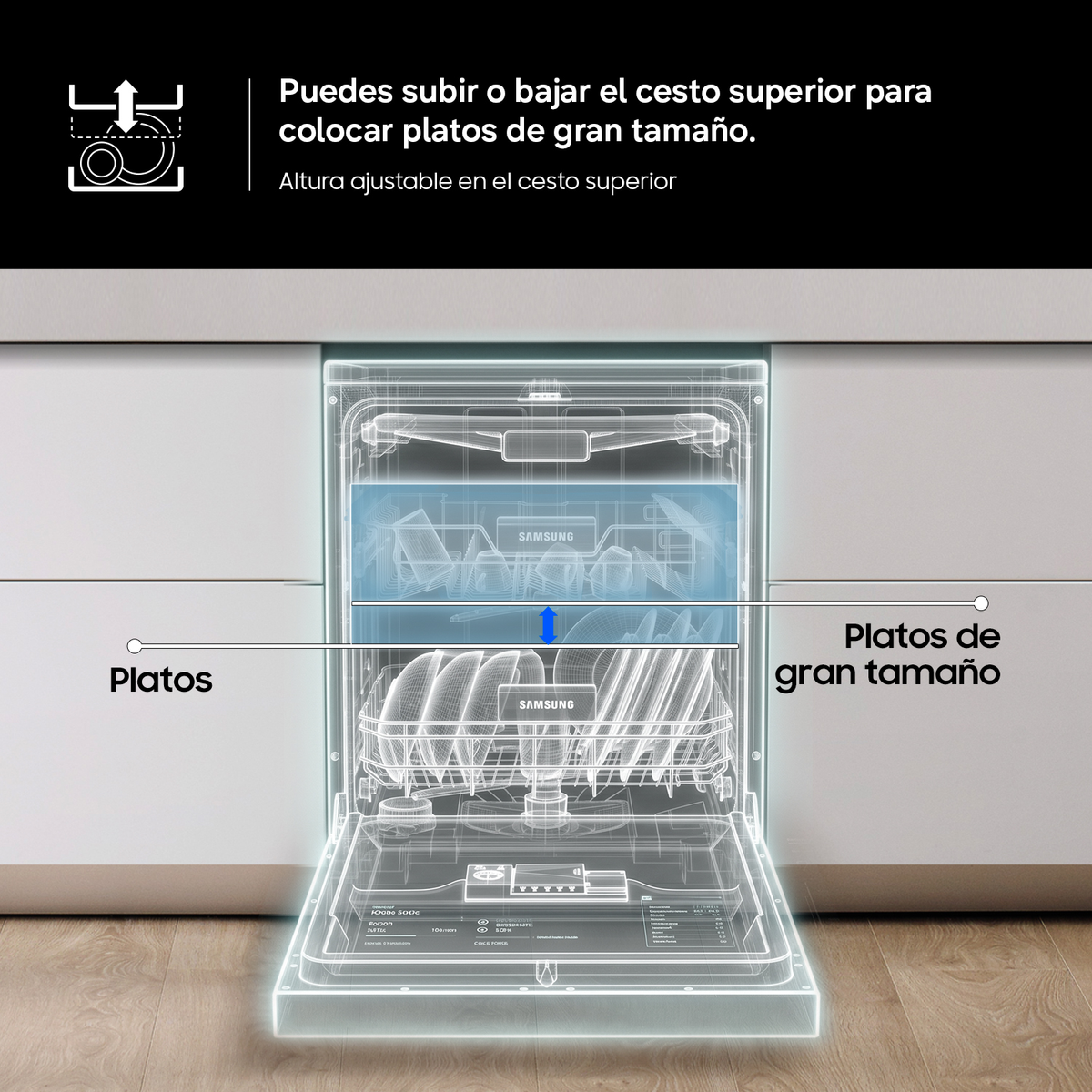 Lavavajillas con cesto superior ajustable para platos grandes.
