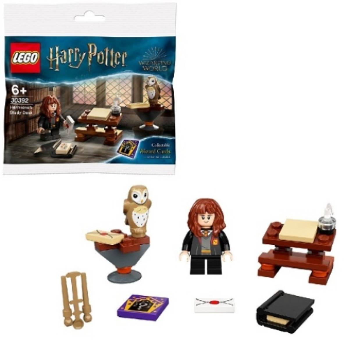 Set Lego Harry Potter 30392 con minifigura di Hermione, scrivania, gufo e accessori magici.