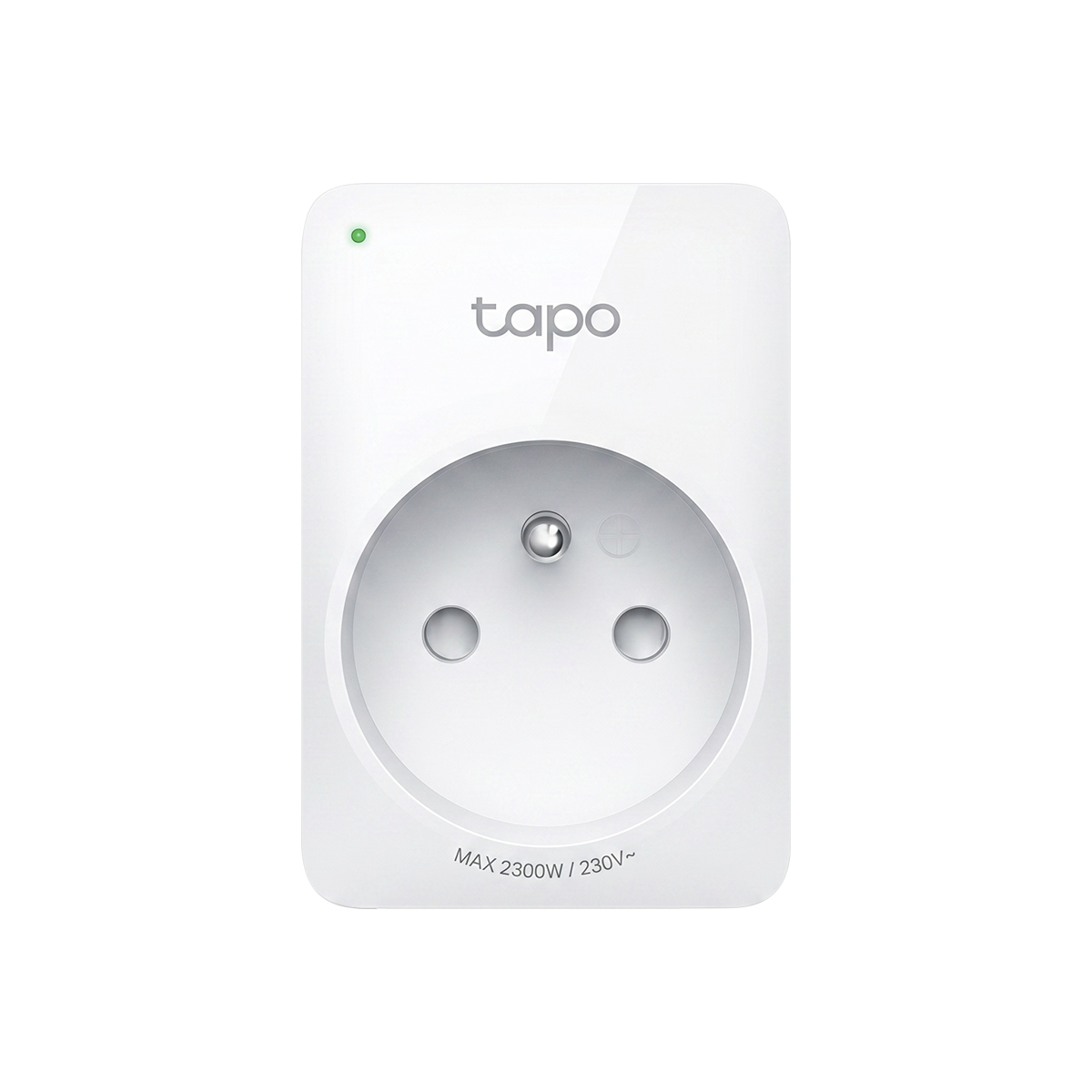 Weißer Tapo Smart-Stecker mit runder Steckdose und grüner LED-Anzeige.
